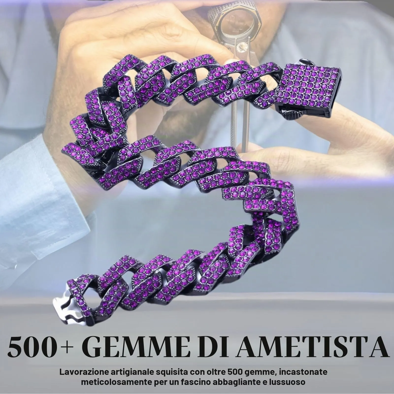 HALUKAKAH Bracciale a Maglie Cubane per Uomo, Gemma Ametista Viola, Placcato Rodio Nero, 12 mm x 20 cm - immagine 4