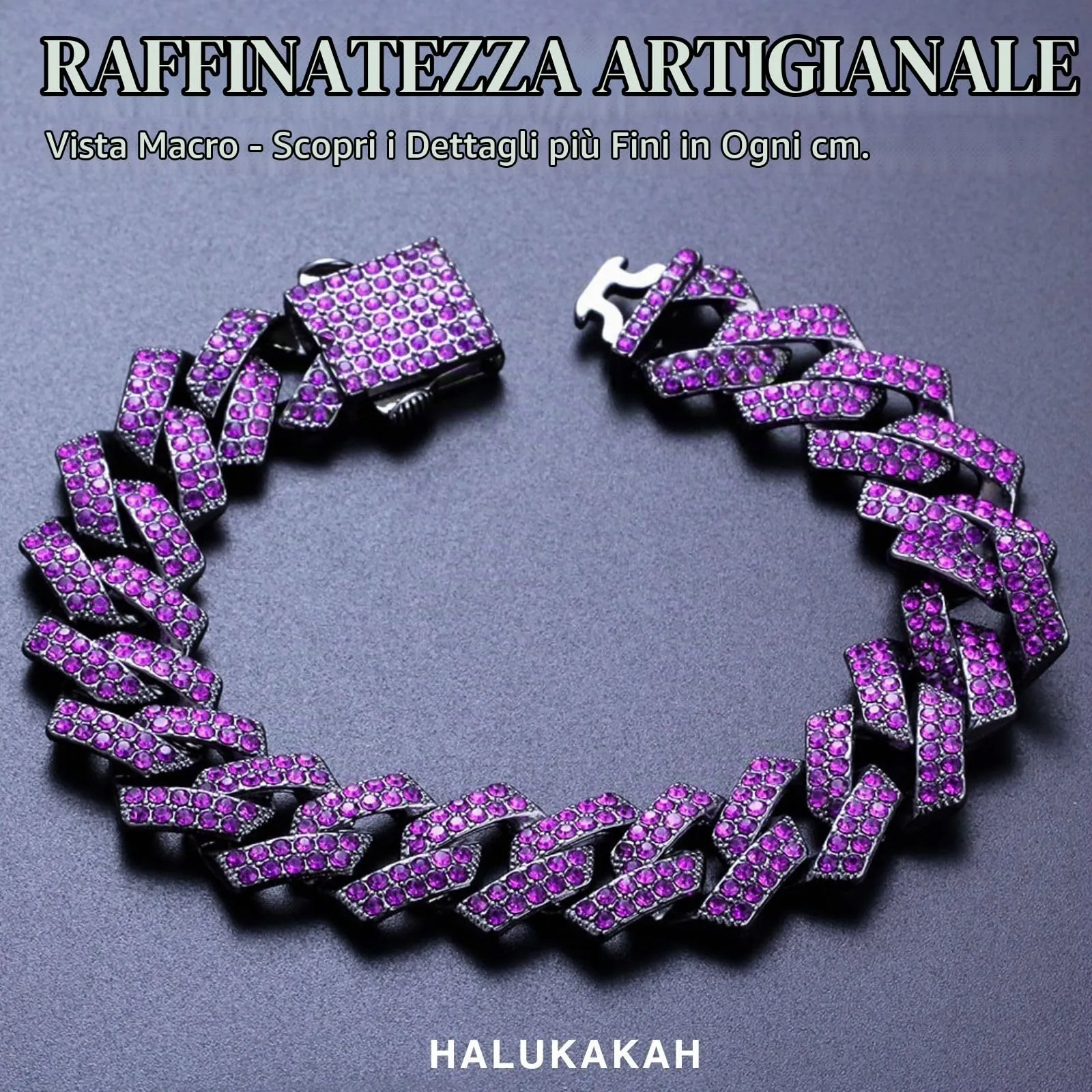 HALUKAKAH Bracciale a Maglie Cubane per Uomo, Gemma Ametista Viola, Placcato Rodio Nero, 12 mm x 20 cm - immagine 5
