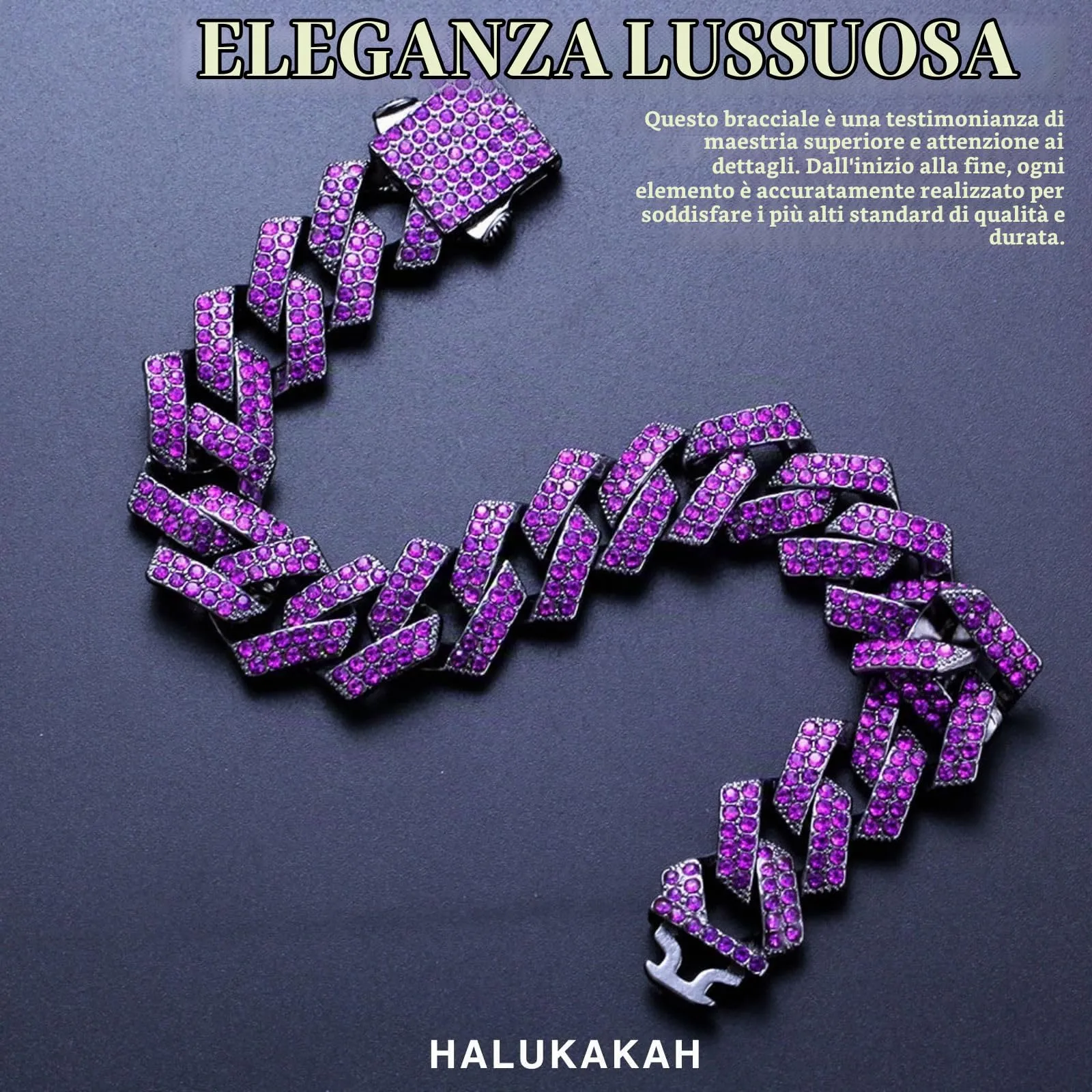 HALUKAKAH Bracciale a Maglie Cubane per Uomo, Gemma Ametista Viola, Placcato Rodio Nero, 12 mm x 20 cm - immagine 6