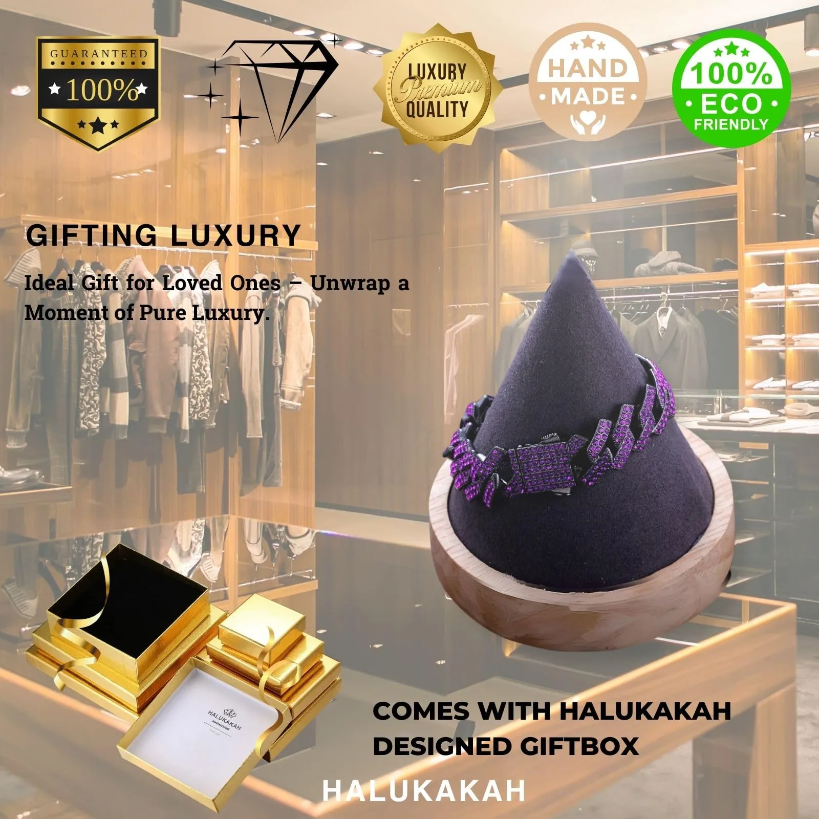 HALUKAKAH Bracciale a Maglie Cubane per Uomo, Gemma Ametista Viola, Placcato Rodio Nero, 12 mm x 20 cm - immagine 7