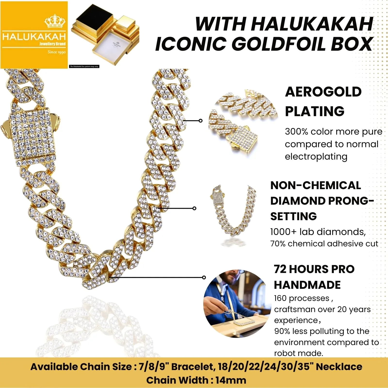 HALUKAKAH Collana a Maglie Cubane in Oro 18 Carati con Diamanti di Laboratorio, 12 mm x 45 cm - immagine 3