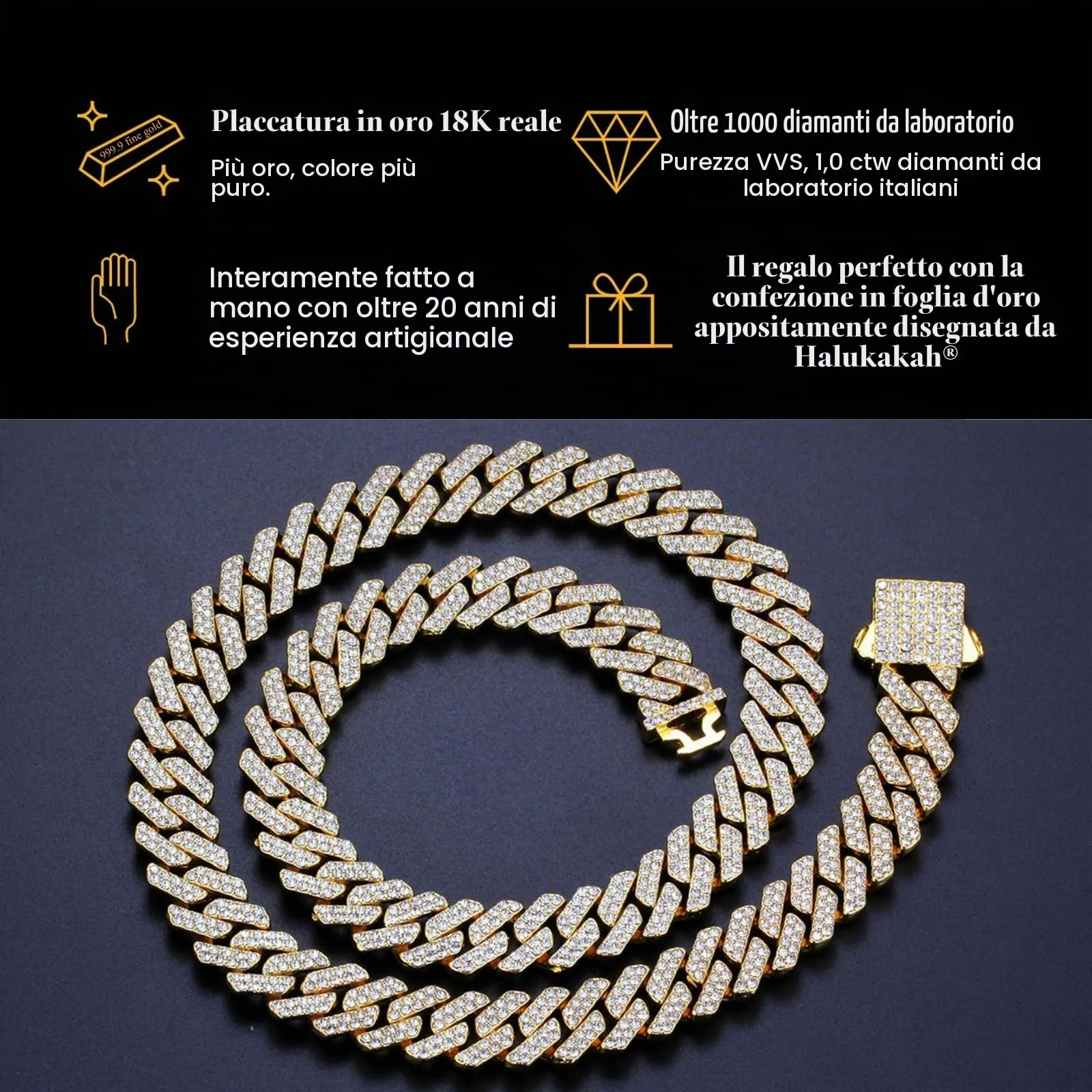 HALUKAKAH Collana a Maglie Cubane in Oro 18 Carati con Diamanti di Laboratorio, 12 mm x 45 cm - immagine 5