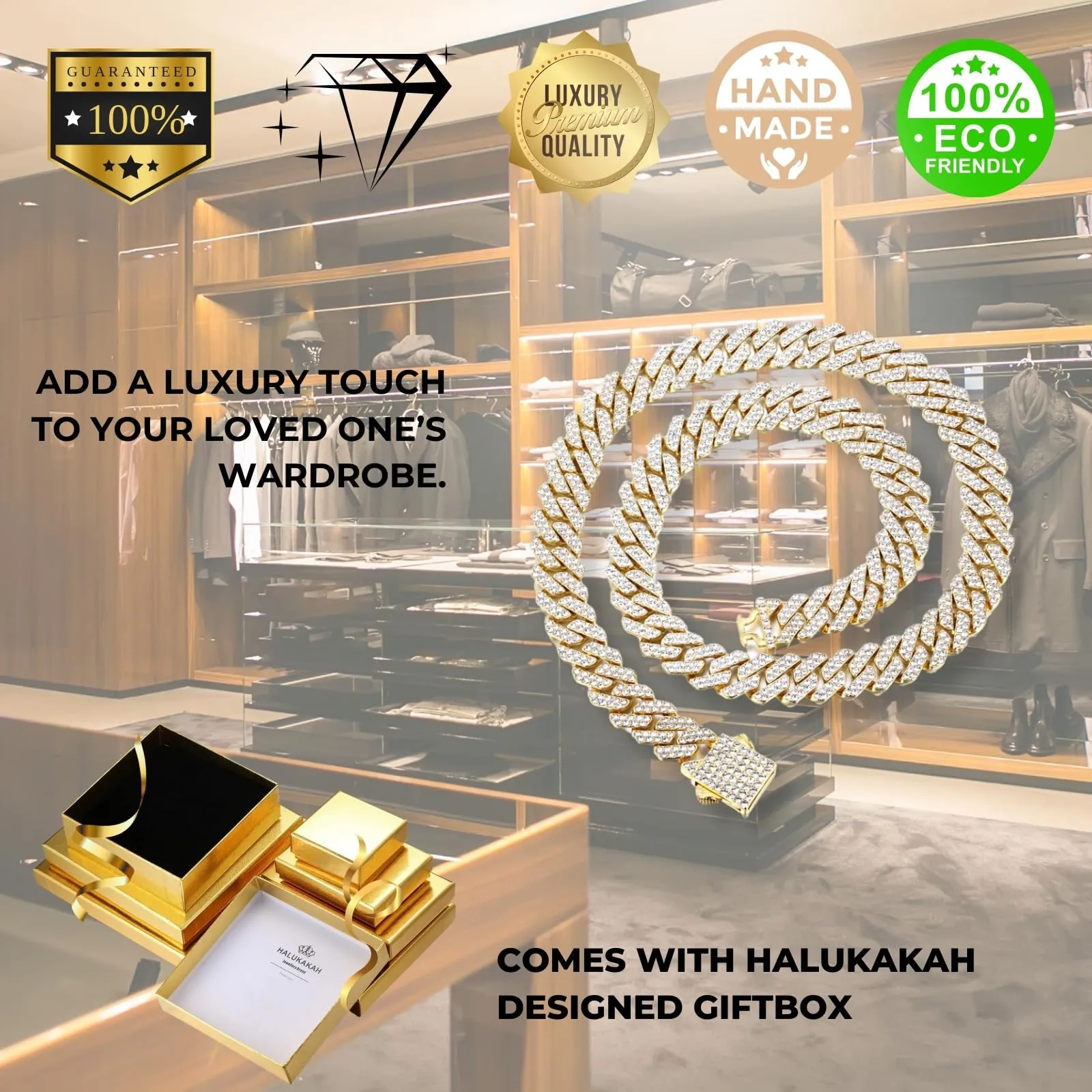 HALUKAKAH Collana a Maglie Cubane in Oro 18 Carati con Diamanti di Laboratorio, 12 mm x 45 cm - immagine 7