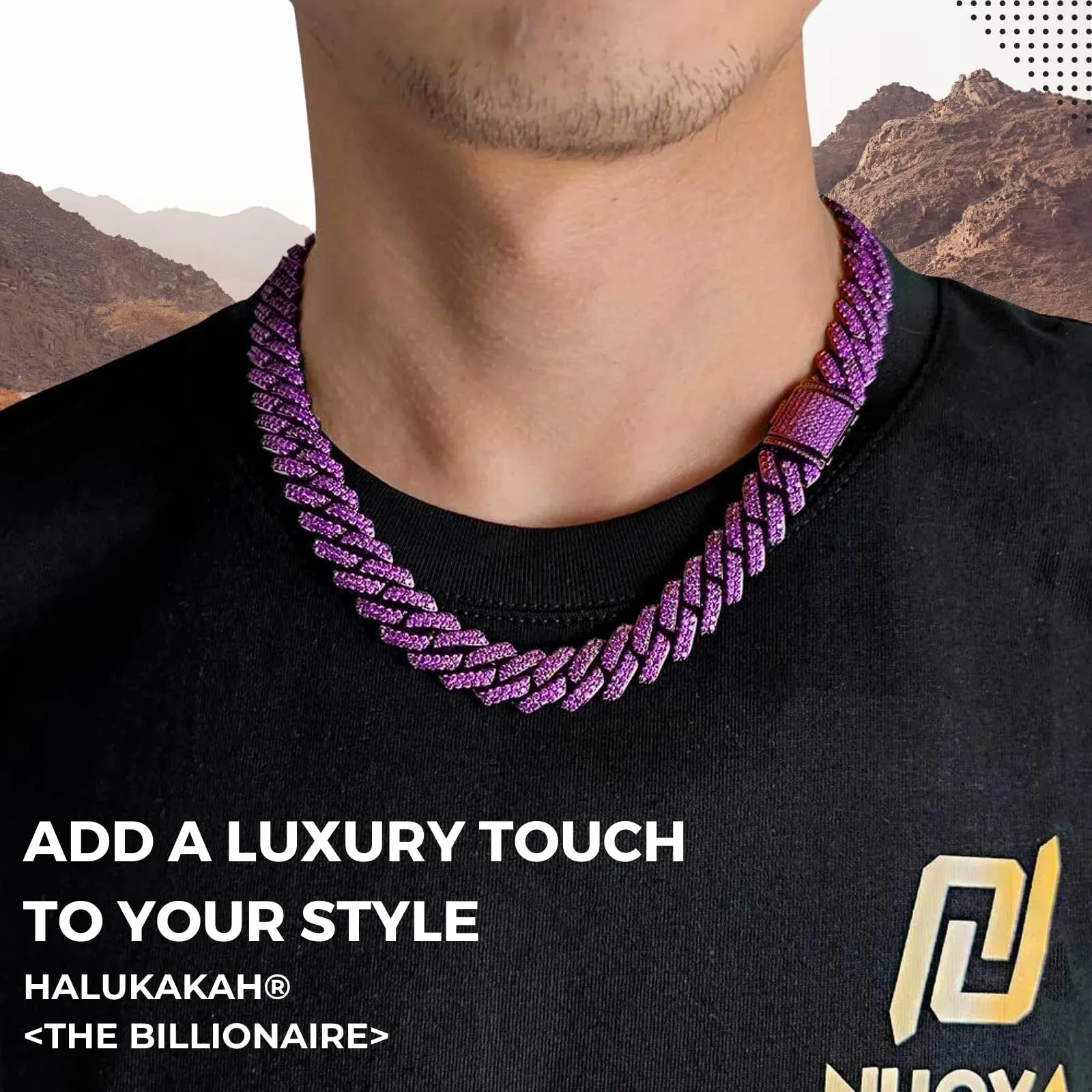 HALUKAKAH Collana a Maglie Cubane per Uomo, Gemma Ametista Viola, Placcato Rodio Nero, 12 mm x 50 cm - immagine 2