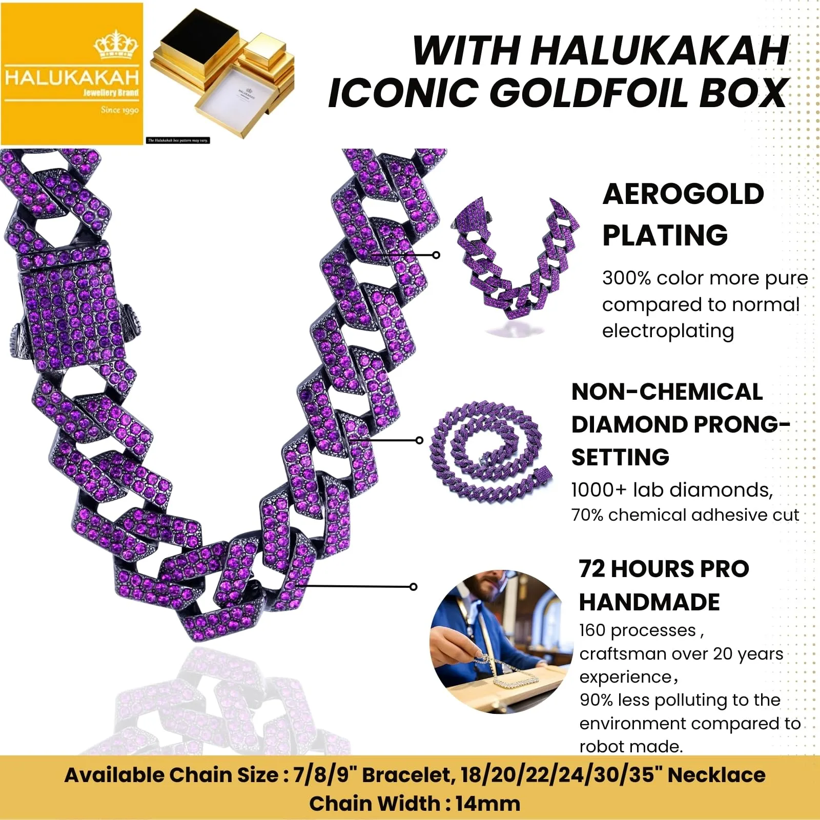 HALUKAKAH Collana a Maglie Cubane per Uomo, Gemma Ametista Viola, Placcato Rodio Nero, 12 mm x 50 cm - immagine 3