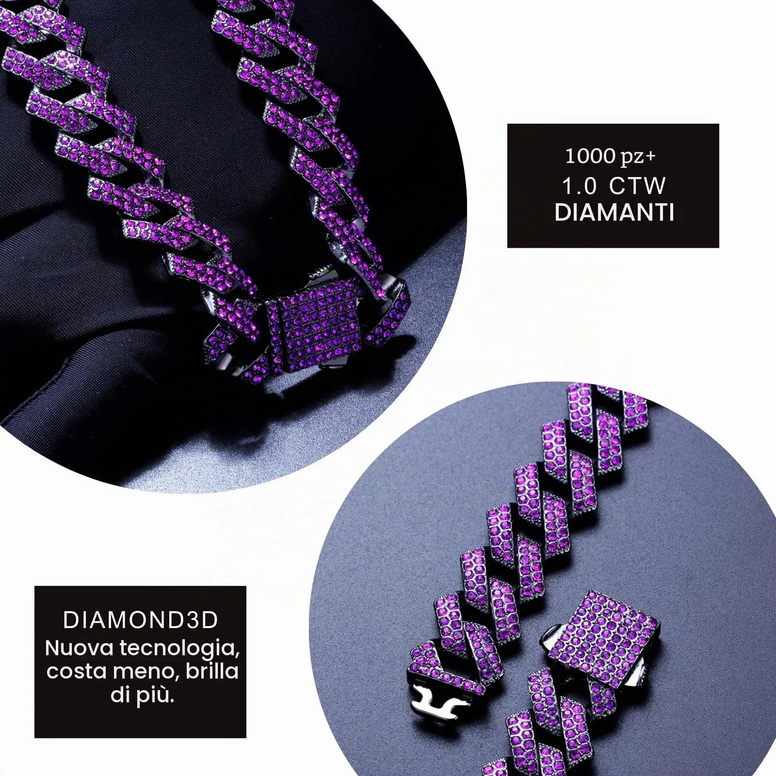 HALUKAKAH Collana a Maglie Cubane per Uomo, Gemma Ametista Viola, Placcato Rodio Nero, 12 mm x 50 cm - immagine 4