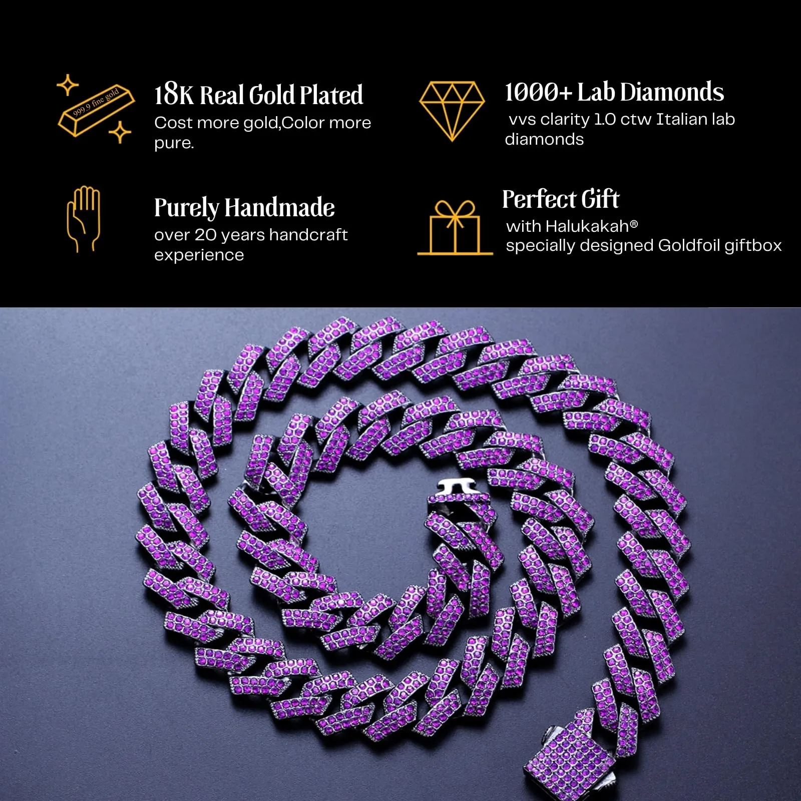 HALUKAKAH Collana a Maglie Cubane per Uomo, Gemma Ametista Viola, Placcato Rodio Nero, 12 mm x 50 cm - immagine 5