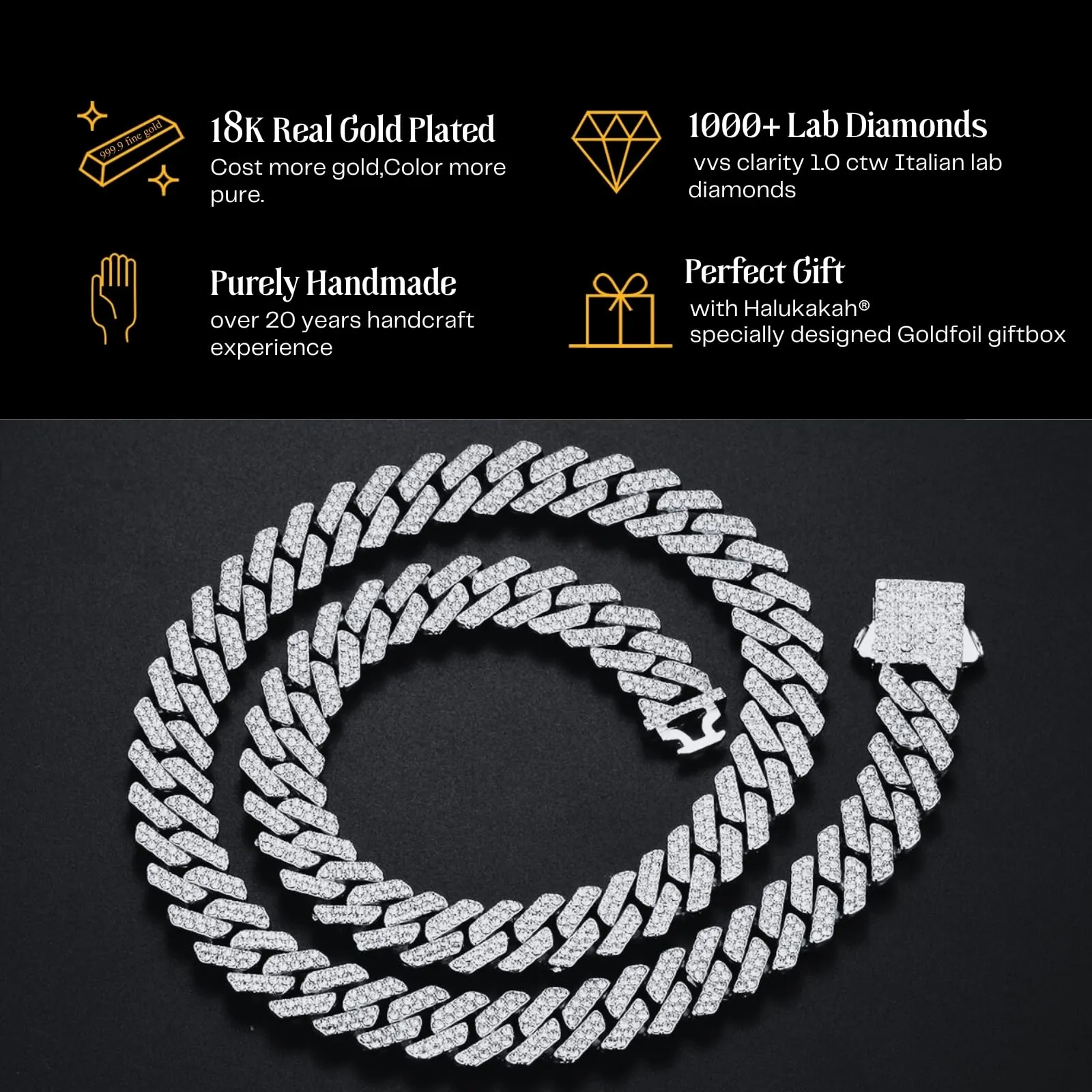 HALUKAKAH Collana a Maglie Cubane Placcata in Platino con Diamanti di Laboratorio, 12 mm x 45 cm - immagine 5