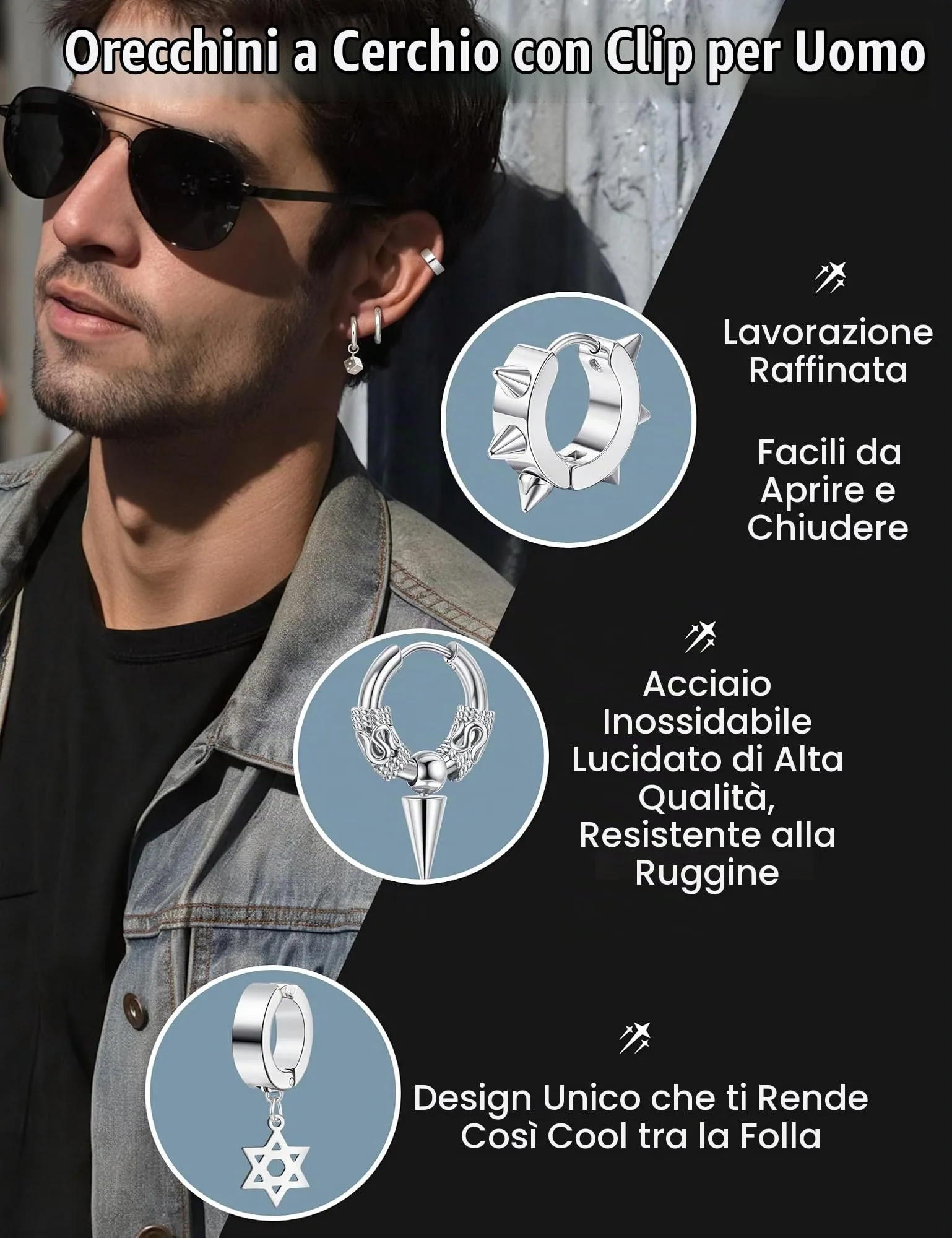 Diamday Clip Orecchini per Uomo in Acciaio Inossidabile Croce Catena, 25 Pezzi - immagine 2