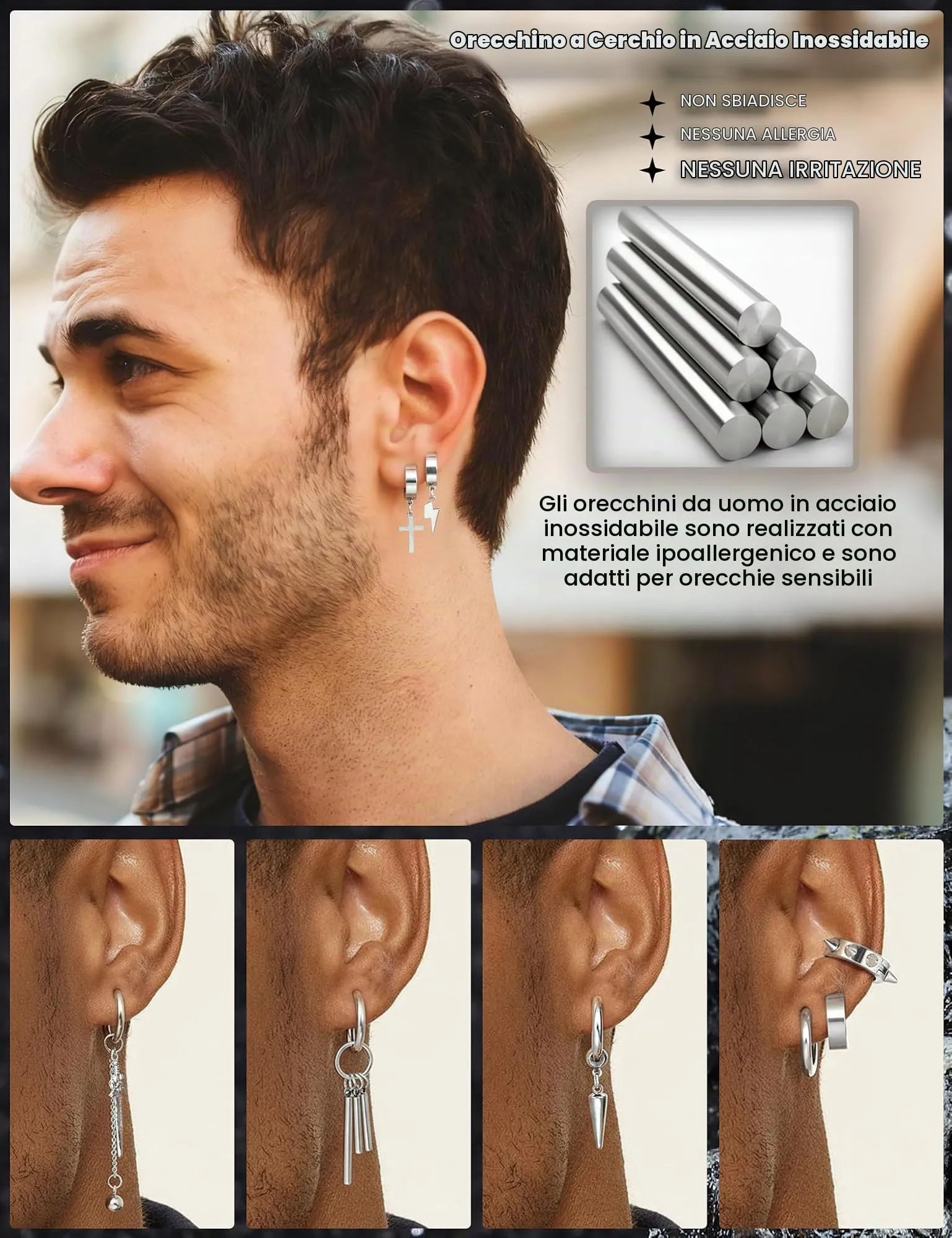 Diamday Clip Orecchini per Uomo in Acciaio Inossidabile Croce Catena, 25 Pezzi - immagine 3