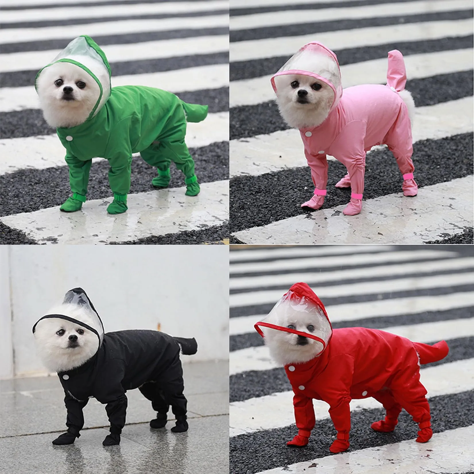 Zunea Impermeabile per cani con cappuccio e stivali, Tuta impermeabile a quattro zampe per cuccioli e cani di piccola taglia, Rosso, Taglia L - immagine 5