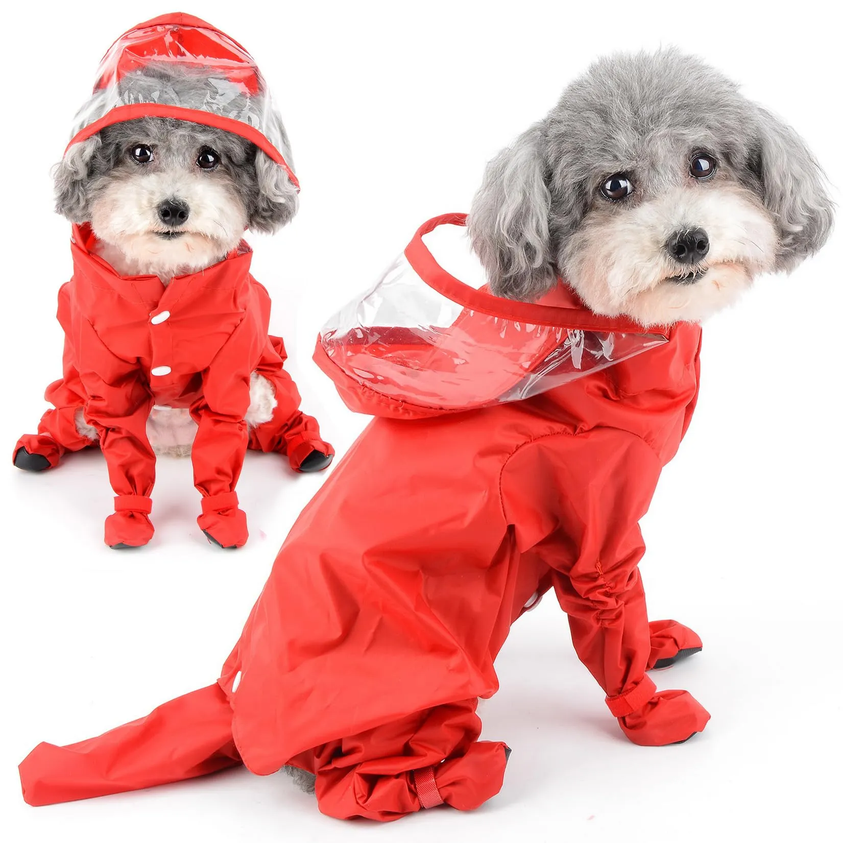 Zunea Poncho Antipioggia con Cappuccio e Stivali per Cani di Taglia Piccola, Rosso, M - immagine 2