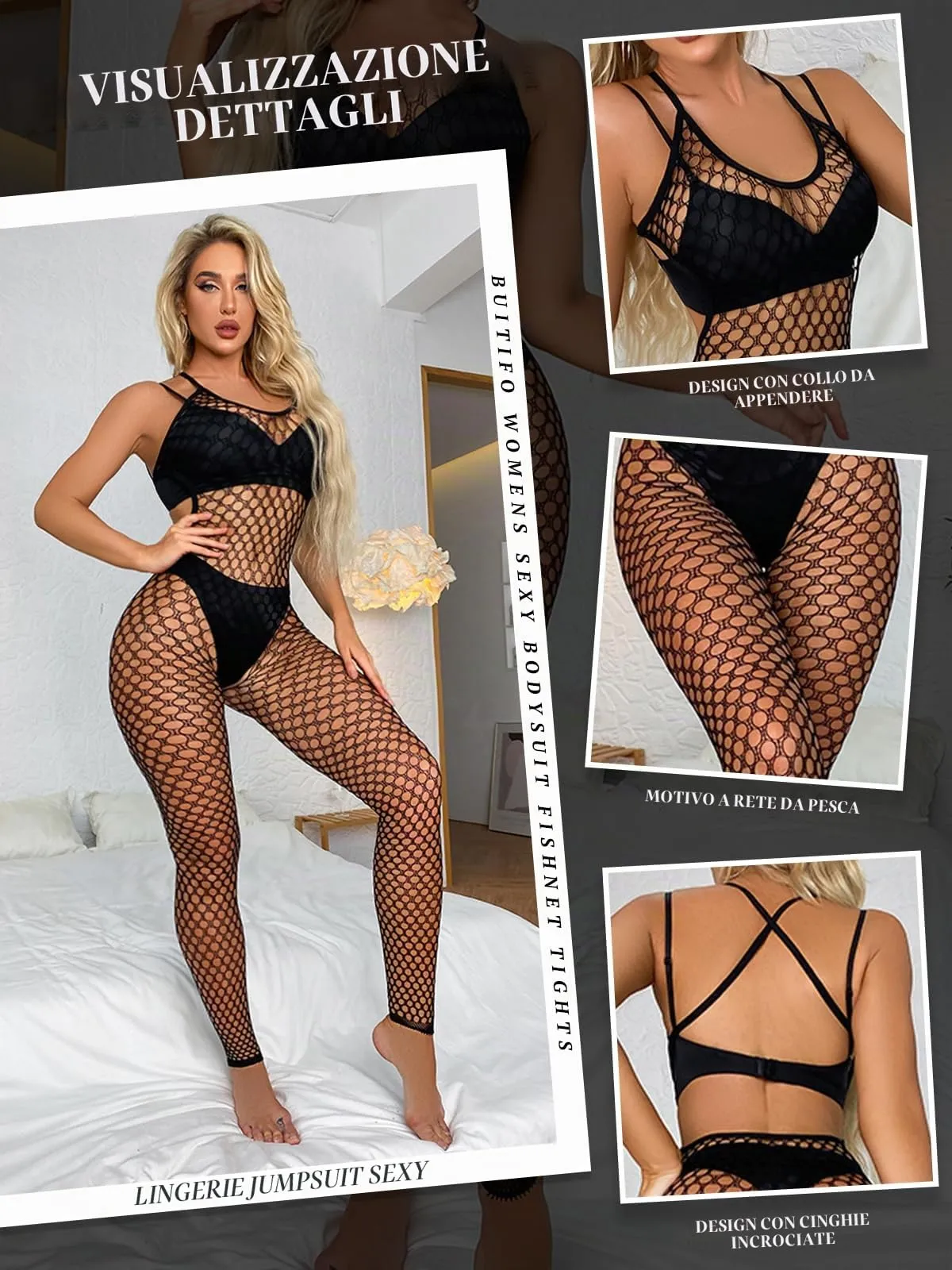 Buitifo Donna Fishnet Bodystocking Pigiama, Nero DD, Taglia unica - immagine 2