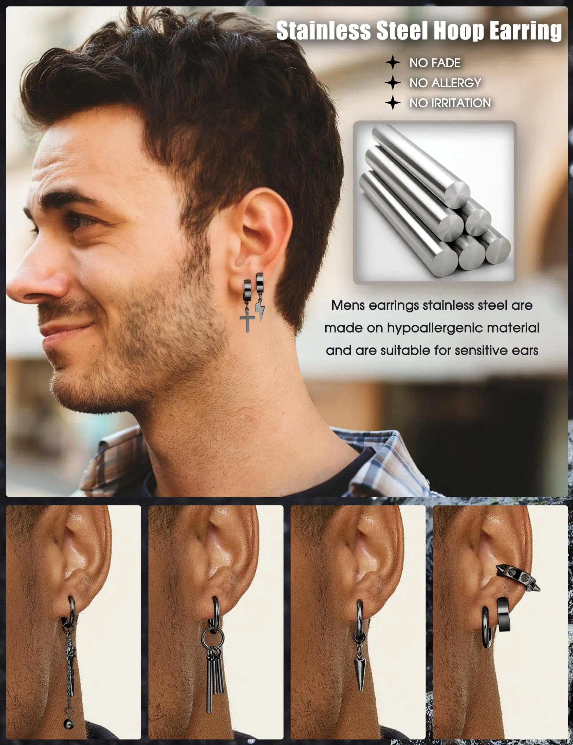 Diamday 25 Pezzi Clip Orecchini per Uomo in Acciaio Inossidabile Croce Catena, Nero - immagine 3