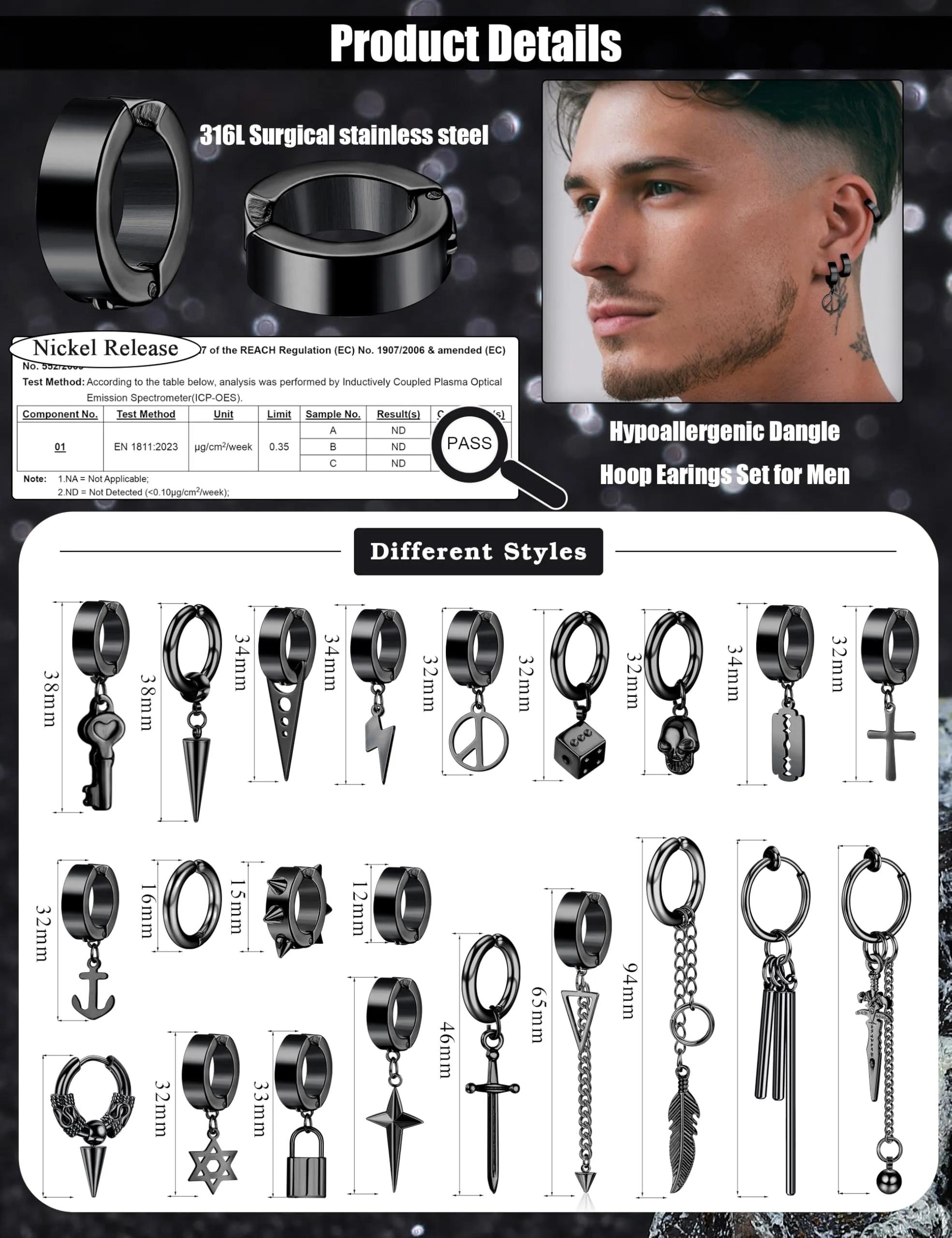 Diamday 25 Pezzi Clip Orecchini per Uomo in Acciaio Inossidabile Croce Catena, Nero - immagine 5