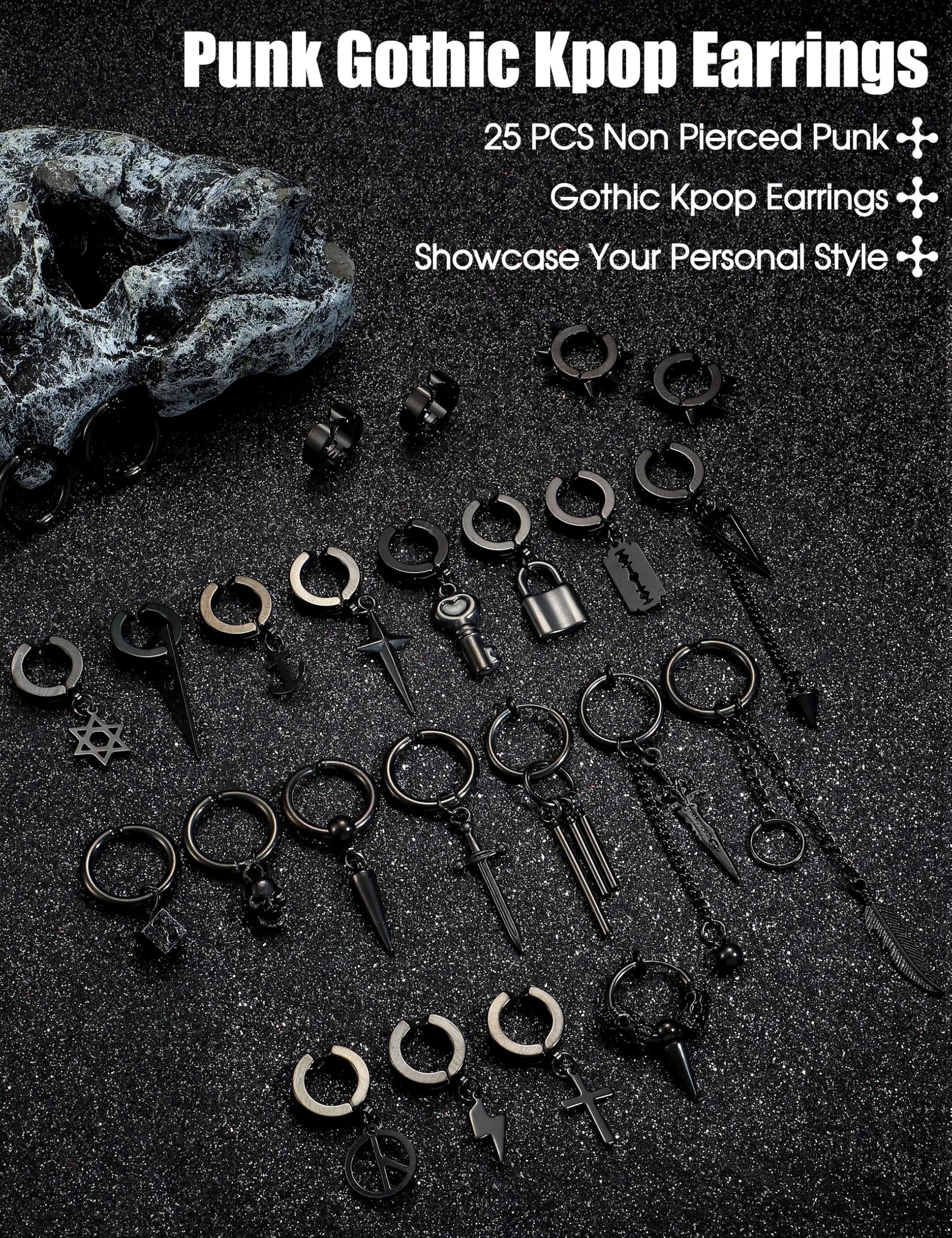 Diamday 25 Pezzi Clip Orecchini per Uomo in Acciaio Inossidabile Croce Catena, Nero - immagine 6