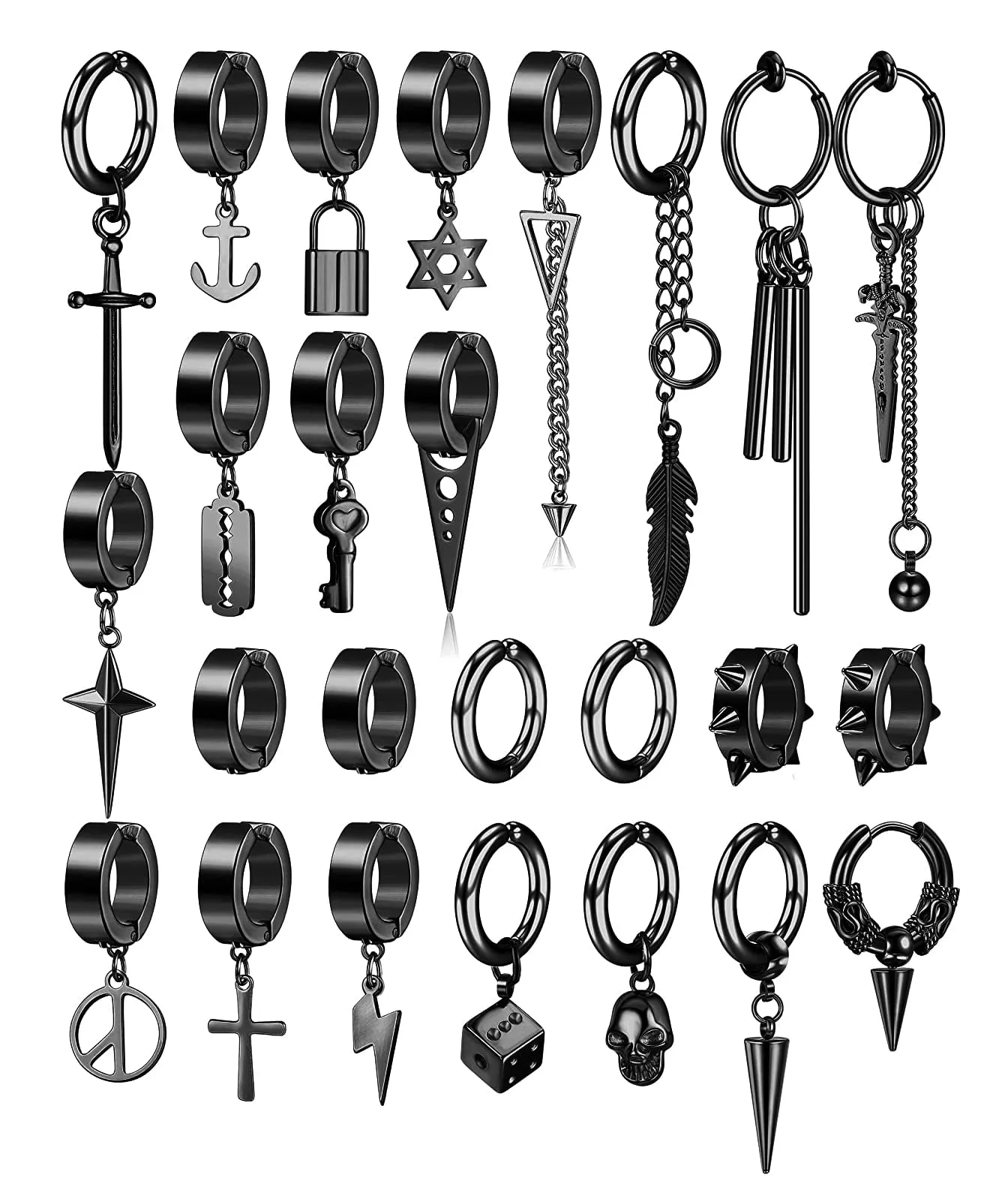 Diamday 25 Pezzi Clip Orecchini per Uomo in Acciaio Inossidabile Croce Catena, Nero - immagine 9
