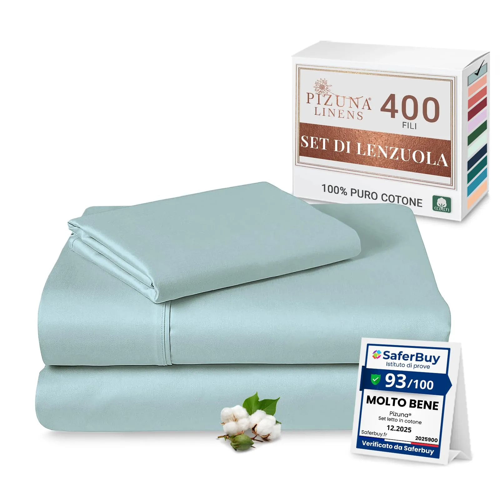 Pizuna Linens Set Lenzuola Letto Singolo in Cotone 400 Fili Sateen 90x200cm, Blu - immagine 1