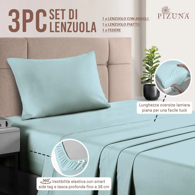 Pizuna Linens Set Lenzuola Letto Singolo in Cotone 400 Fili Sateen 90x200cm, Blu - immagine 3