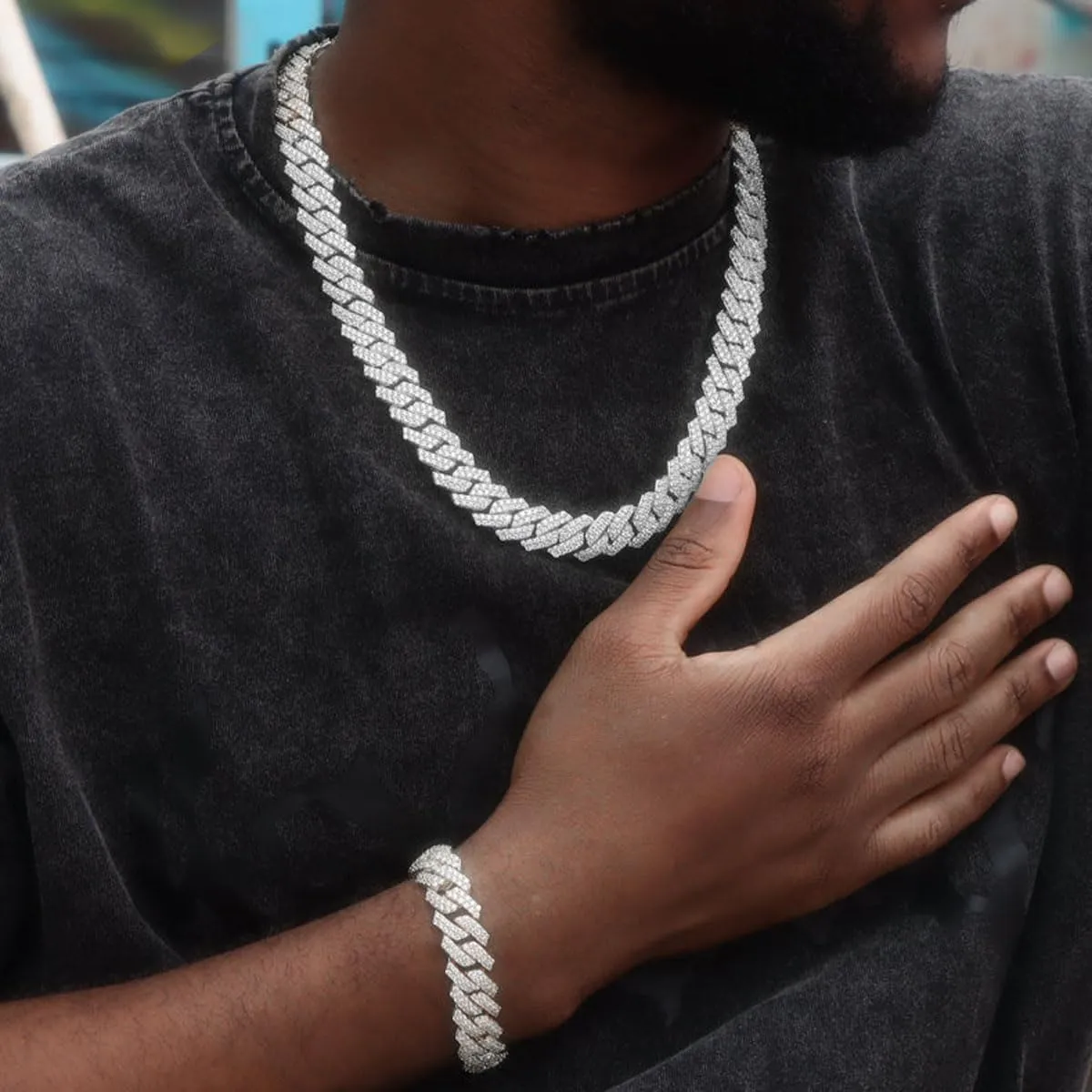 DIDISEE Set Collana e Bracciale Cuban Link in Oro e Argento con Zirconi Sintetici, 22" Necklace and 8" Bracelet - immagine 2