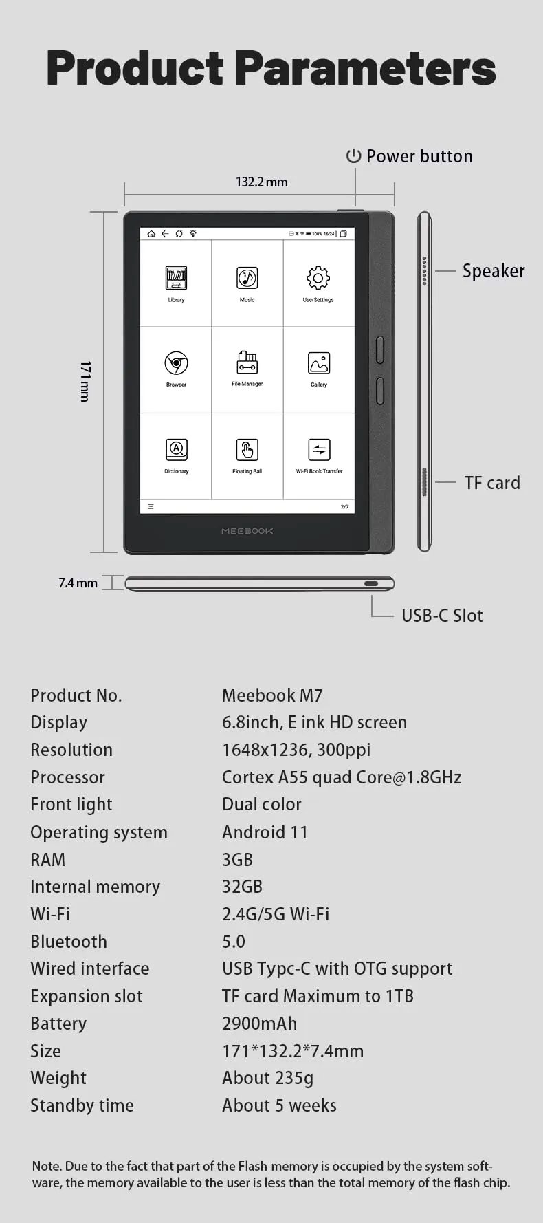 Meebook M7 E-Reader - 6.8" E Ink Carta Display, 300PPI, Android 11, Quad Core Processor, 3GB RAM, 32GB Storage, Micro-SD Slot, Gray - immagine 9