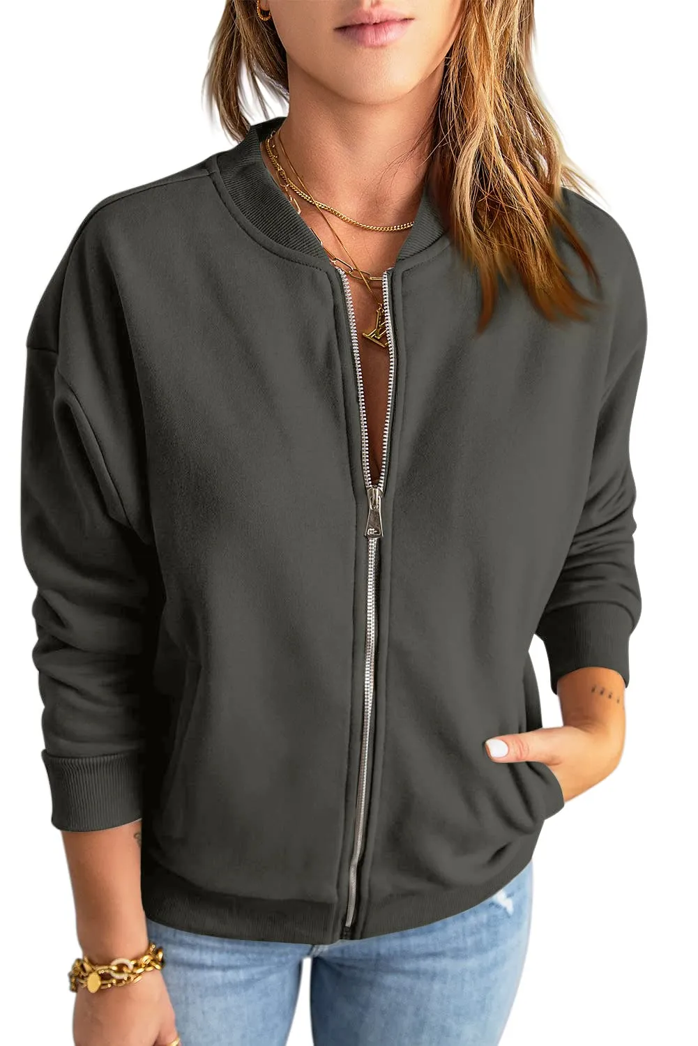 GeGekoko Felpa da donna oversize tinta unita a maniche lunghe con tasca, Grigio Scuro, M - immagine 1