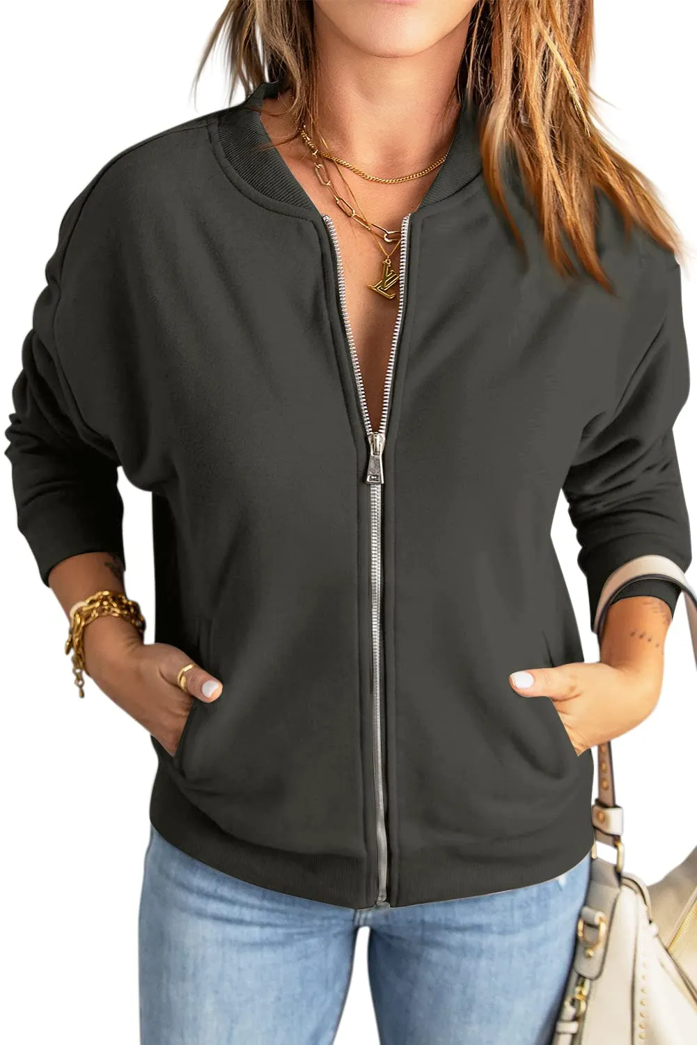 GeGekoko Felpa da donna oversize tinta unita a maniche lunghe con tasca, Grigio Scuro, M - immagine 2