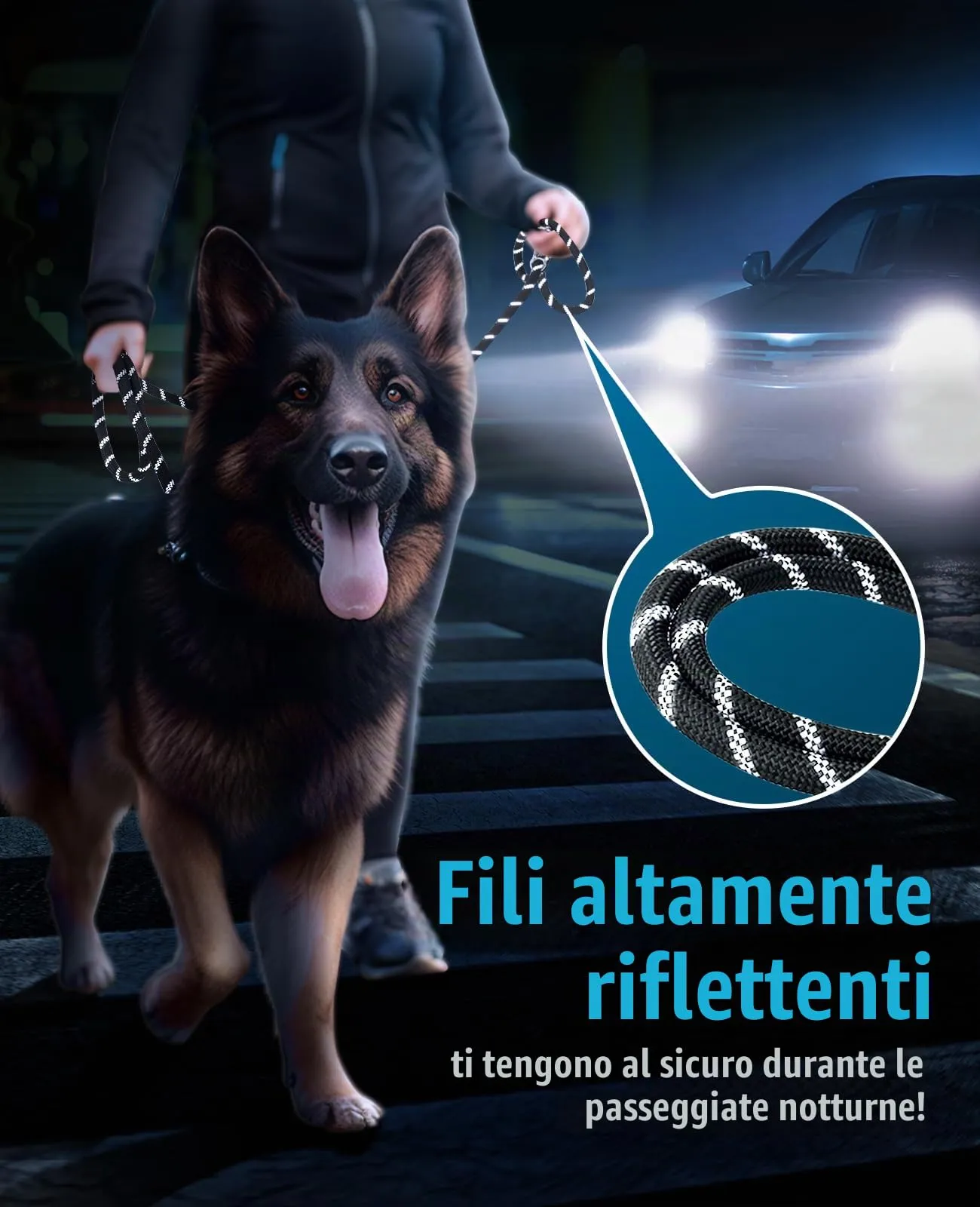 oneisall Guinzaglio per Cani di Taglia Grande e Media (15-60kg), Mano Libera, 3m, Doppio con Catarifrangente - immagine 5