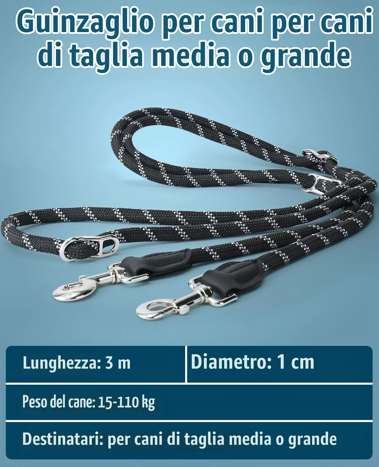 oneisall Guinzaglio per Cani di Taglia Grande e Media (15-60kg), Mano Libera, 3m, Doppio con Catarifrangente - immagine 7