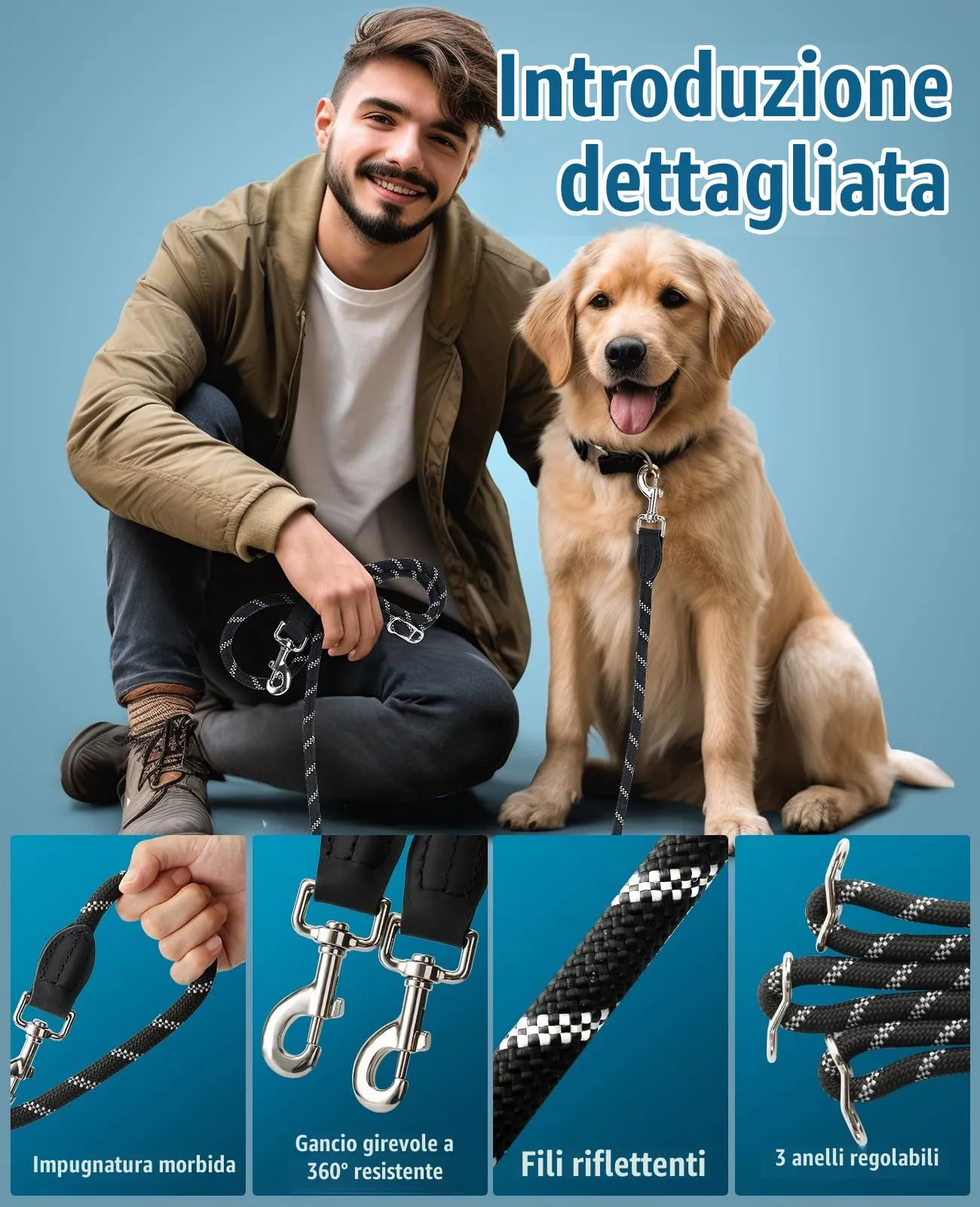 oneisall Guinzaglio per Cani di Taglia Grande e Media (15-60kg), Mano Libera, 3m, Doppio con Catarifrangente - immagine 8