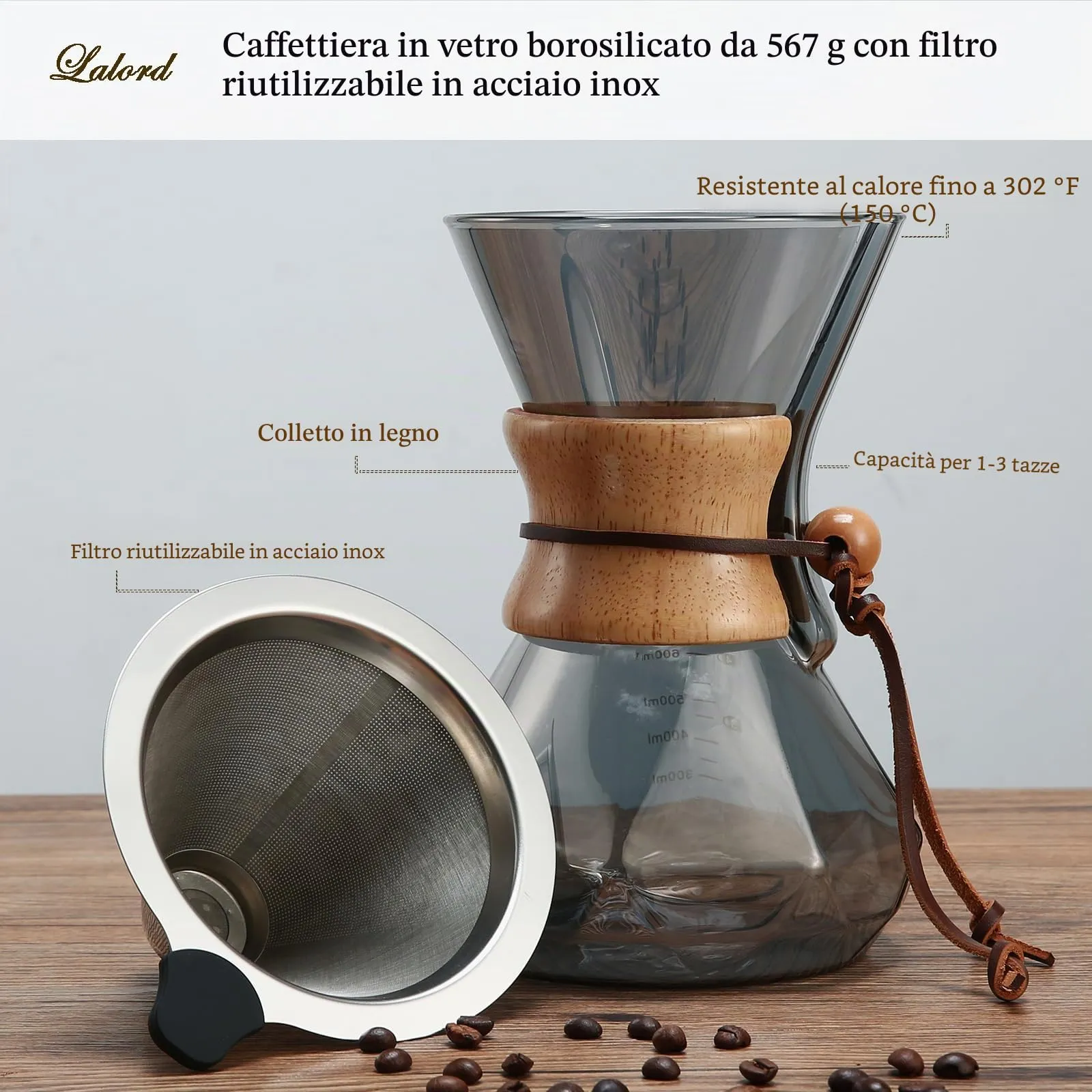 Lalord Caffettiera Pour Over in vetro borosilicato con filtro in acciaio inox e colletto in legno, 600 ml, grigio - immagine 2