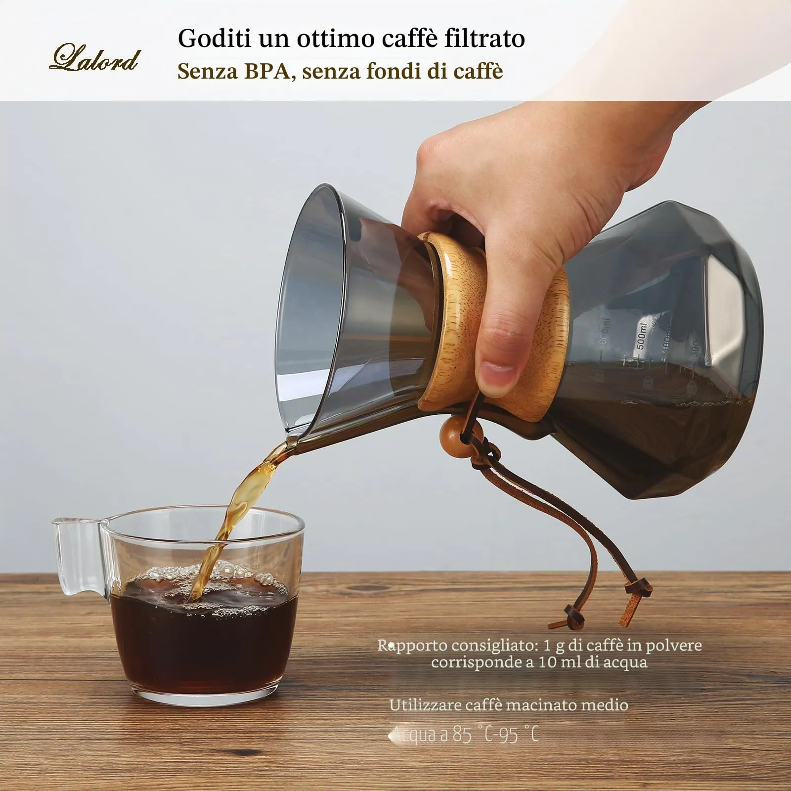 Lalord Caffettiera Pour Over in vetro borosilicato con filtro in acciaio inox e colletto in legno, 600 ml, grigio - immagine 3