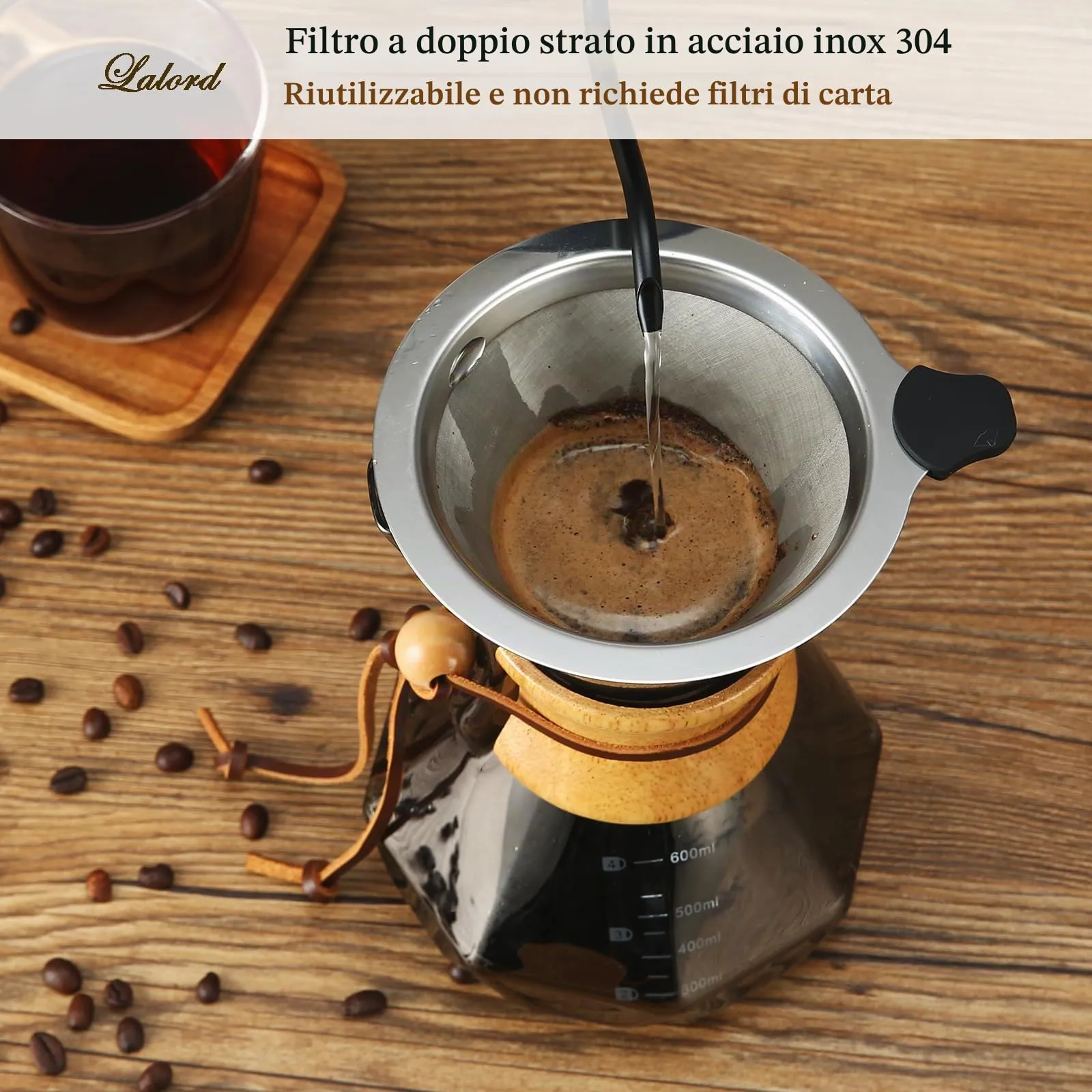 Lalord Caffettiera Pour Over in vetro borosilicato con filtro in acciaio inox e colletto in legno, 600 ml, grigio - immagine 4