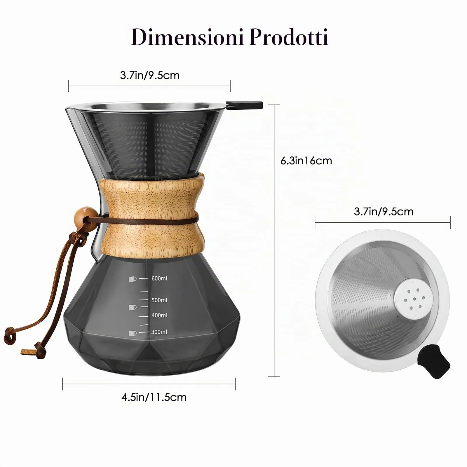 Lalord Caffettiera Pour Over in vetro borosilicato con filtro in acciaio inox e colletto in legno, 600 ml, grigio - immagine 5