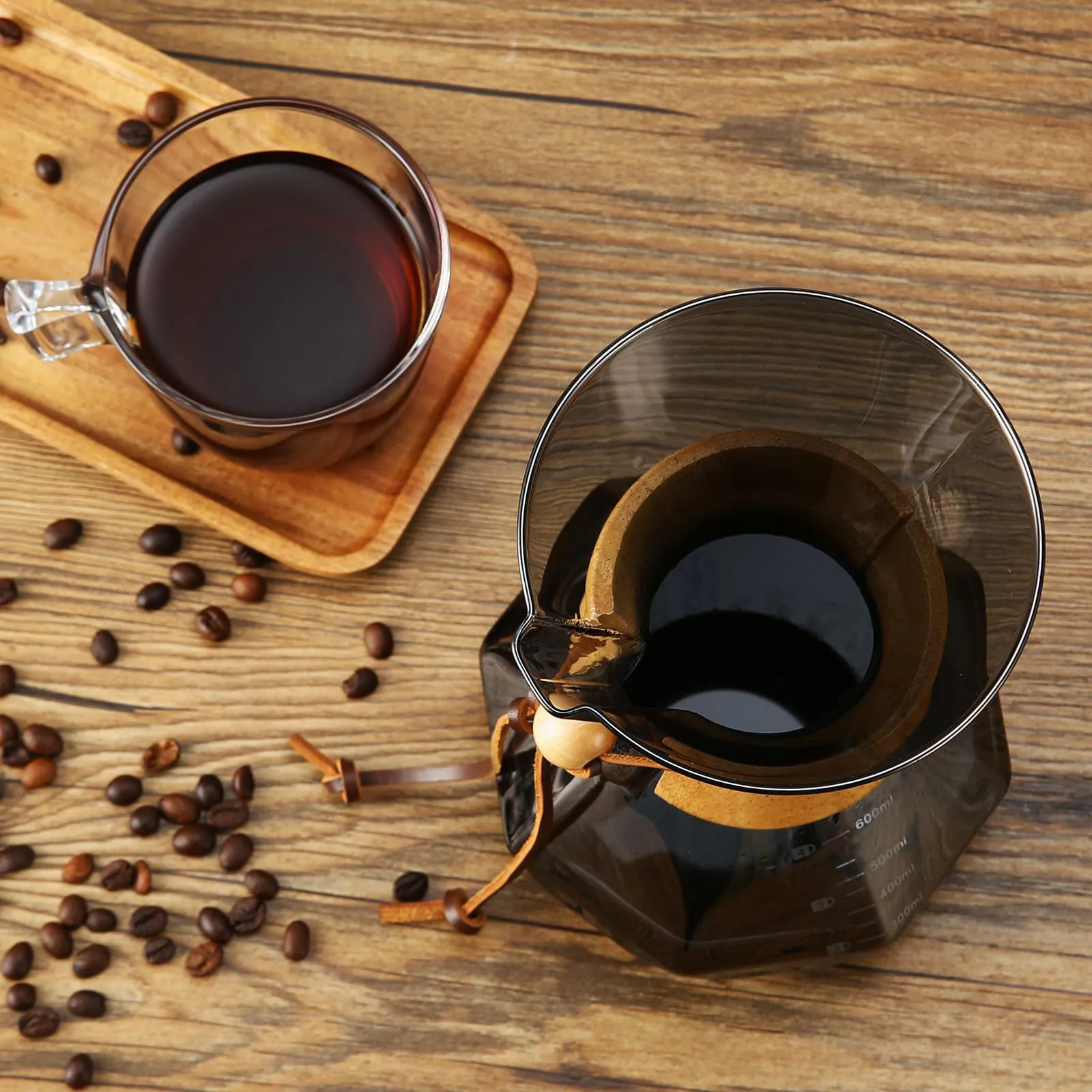 Lalord Caffettiera Pour Over in vetro borosilicato con filtro in acciaio inox e colletto in legno, 600 ml, grigio - immagine 6