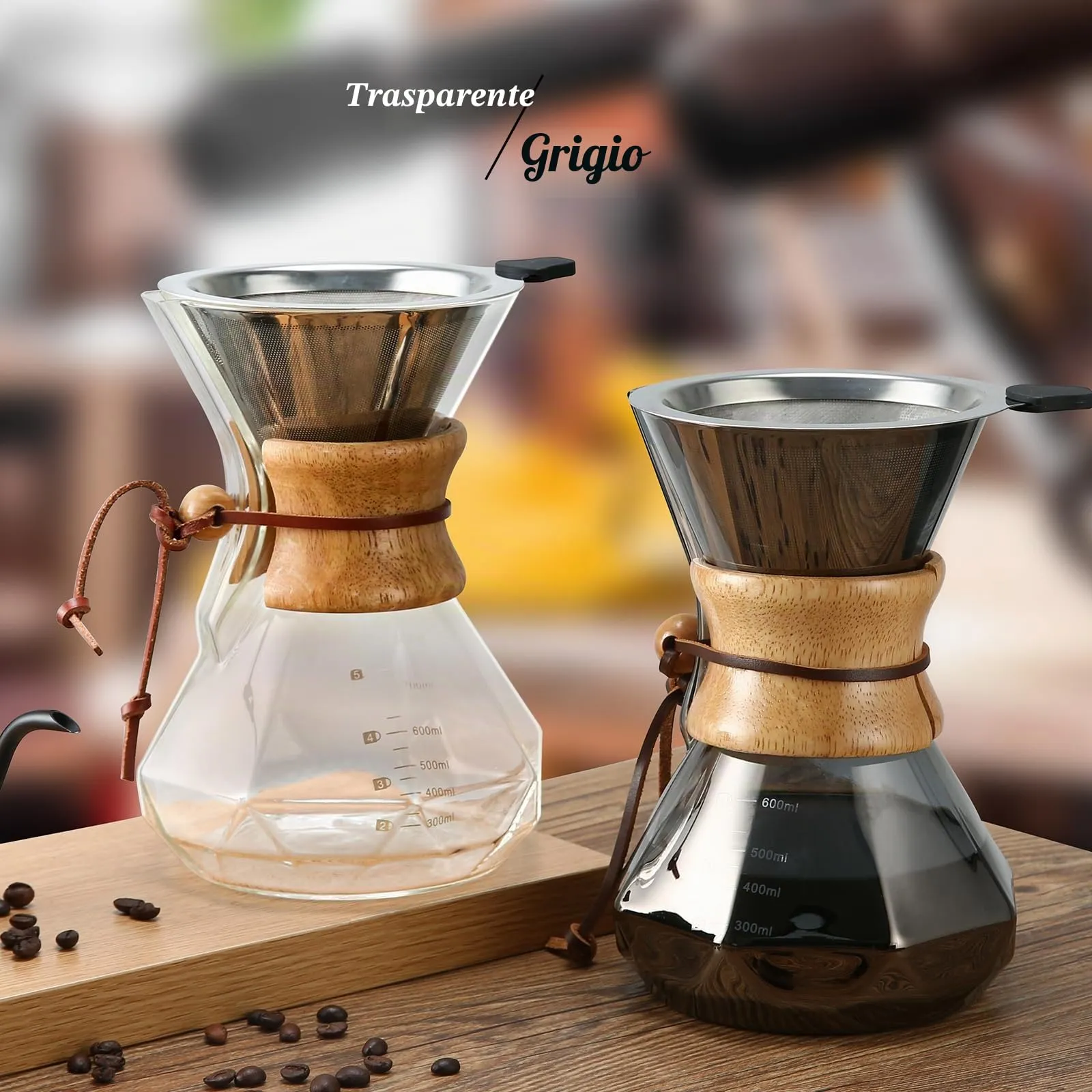 Lalord Caffettiera Pour Over in vetro borosilicato con filtro in acciaio inox e colletto in legno, 600 ml, grigio - immagine 7