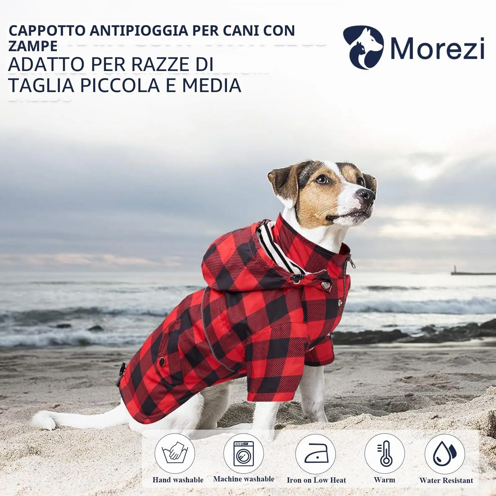 Morezi Impermeabile per Cani con Cappuccio Staccabile, Quadretti Rosso, M - immagine 2