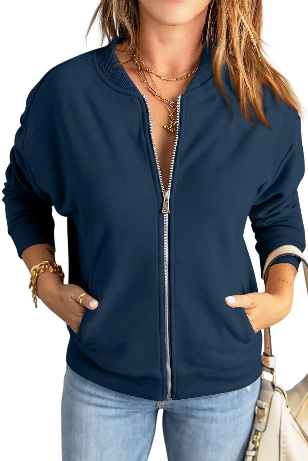 GeGekoko Felpa Donna con Zip e Tasche, Giacca Sportiva Lunga, Blu Navy - immagine 2