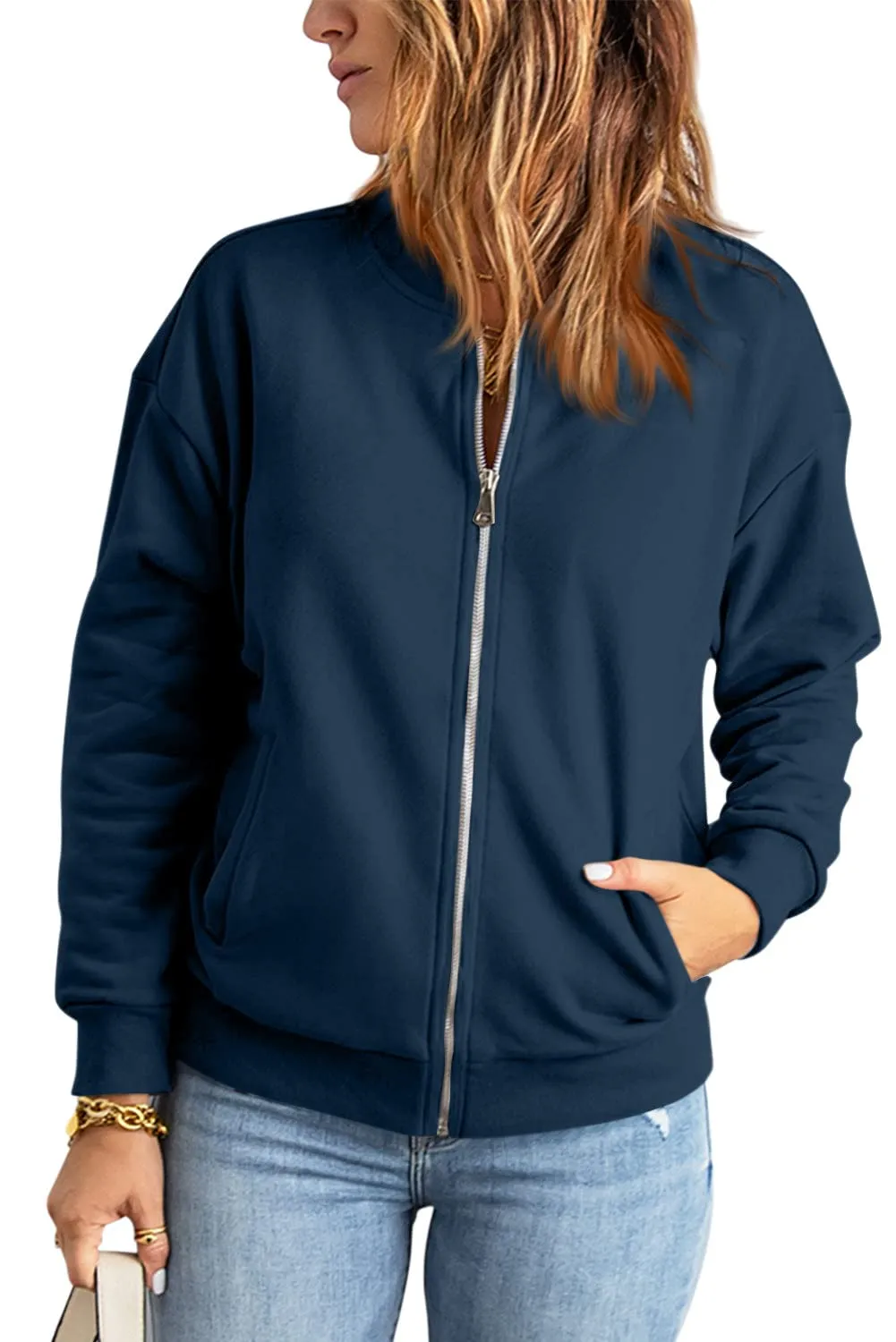 GeGekoko Felpa Donna con Zip e Tasche, Giacca Sportiva Lunga, Blu Navy - immagine 3