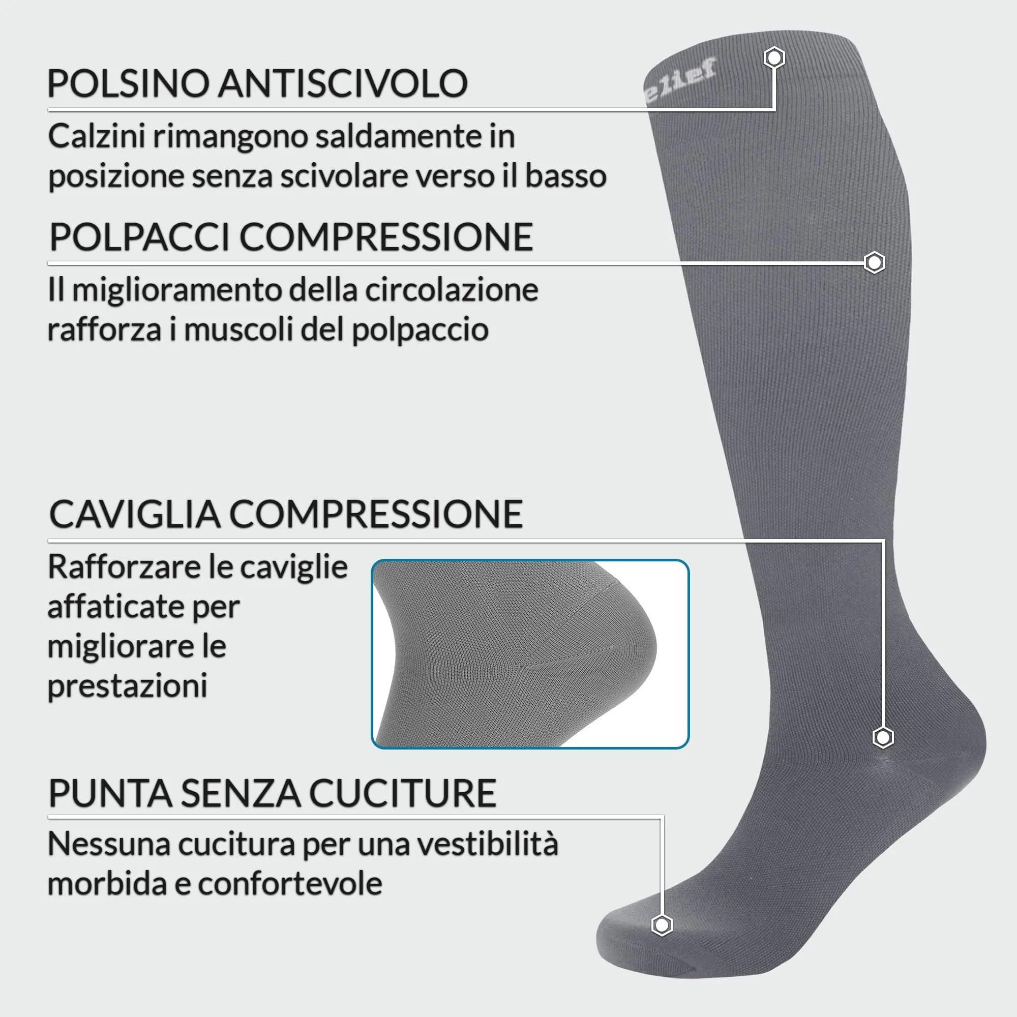 360 Relief Calze a Compressione Graduata per Donna e Uomo, XXL, Grigio - immagine 2