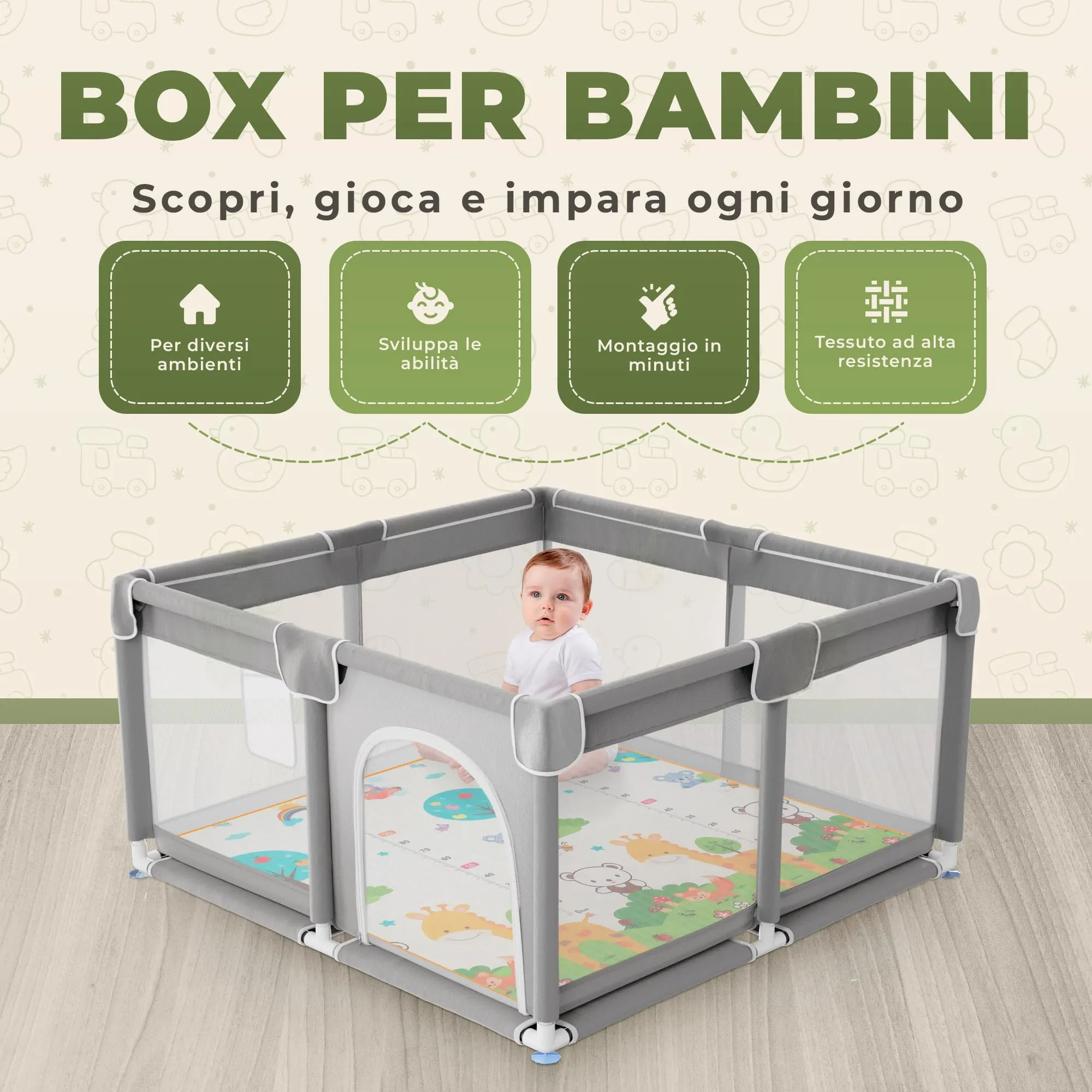 JUPPLIES Box Bambini 120×120 cm, Recinto Gioco per Neonato 6-24 Mesi, Grigio con Manici, Cestino e Tappeto - immagine 2