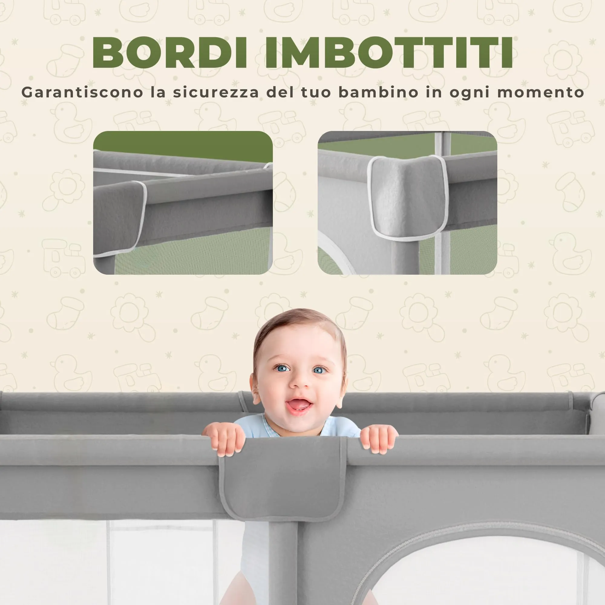 JUPPLIES Box Bambini 120×120 cm, Recinto Gioco per Neonato 6-24 Mesi, Grigio con Manici, Cestino e Tappeto - immagine 3