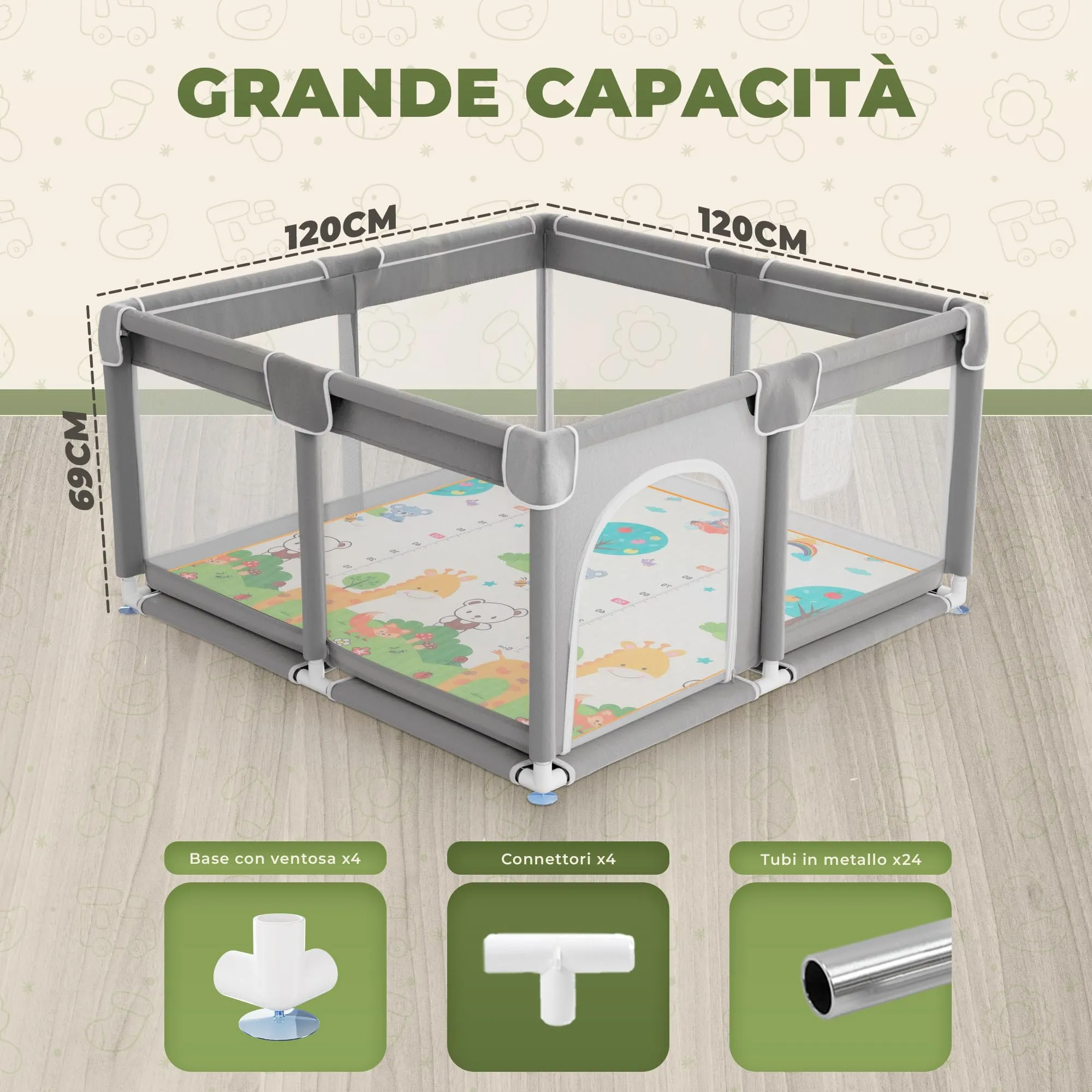 JUPPLIES Box Bambini 120×120 cm, Recinto Gioco per Neonato 6-24 Mesi, Grigio con Manici, Cestino e Tappeto - immagine 5