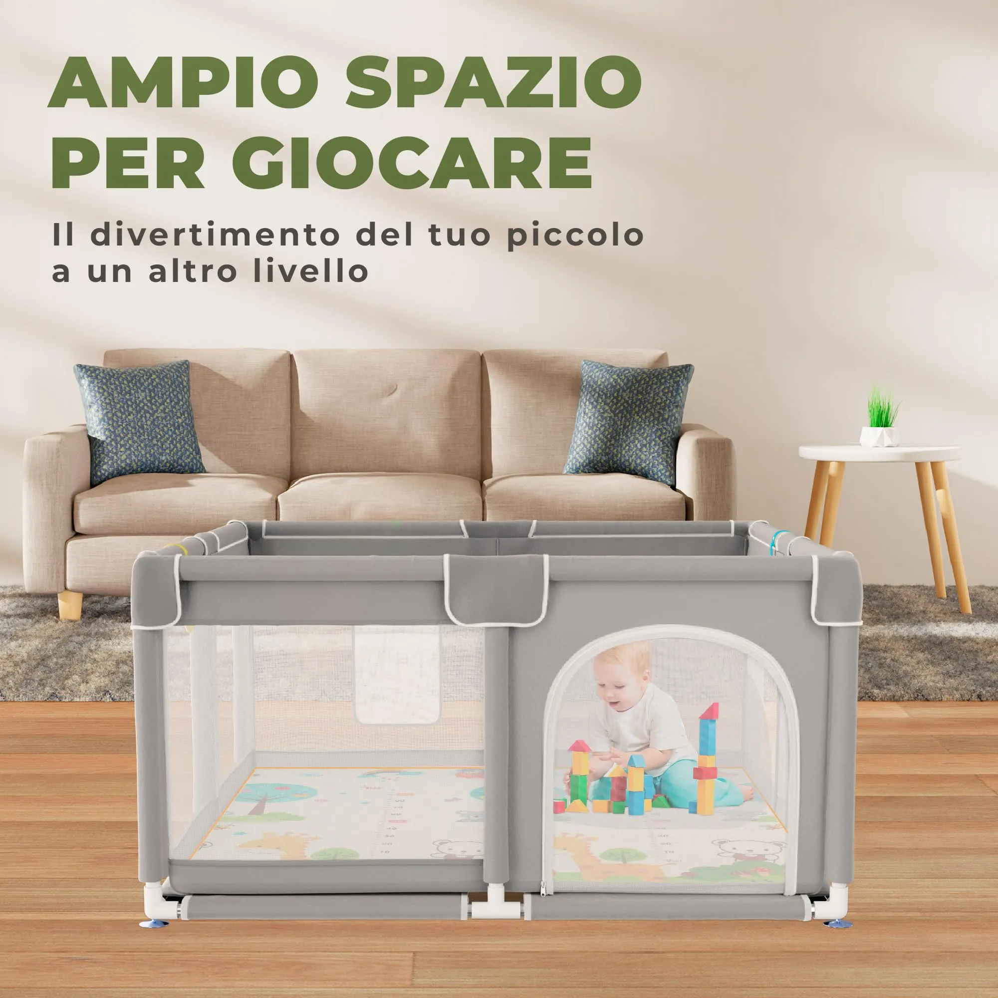 JUPPLIES Box Bambini 120×120 cm, Recinto Gioco per Neonato 6-24 Mesi, Grigio con Manici, Cestino e Tappeto - immagine 7