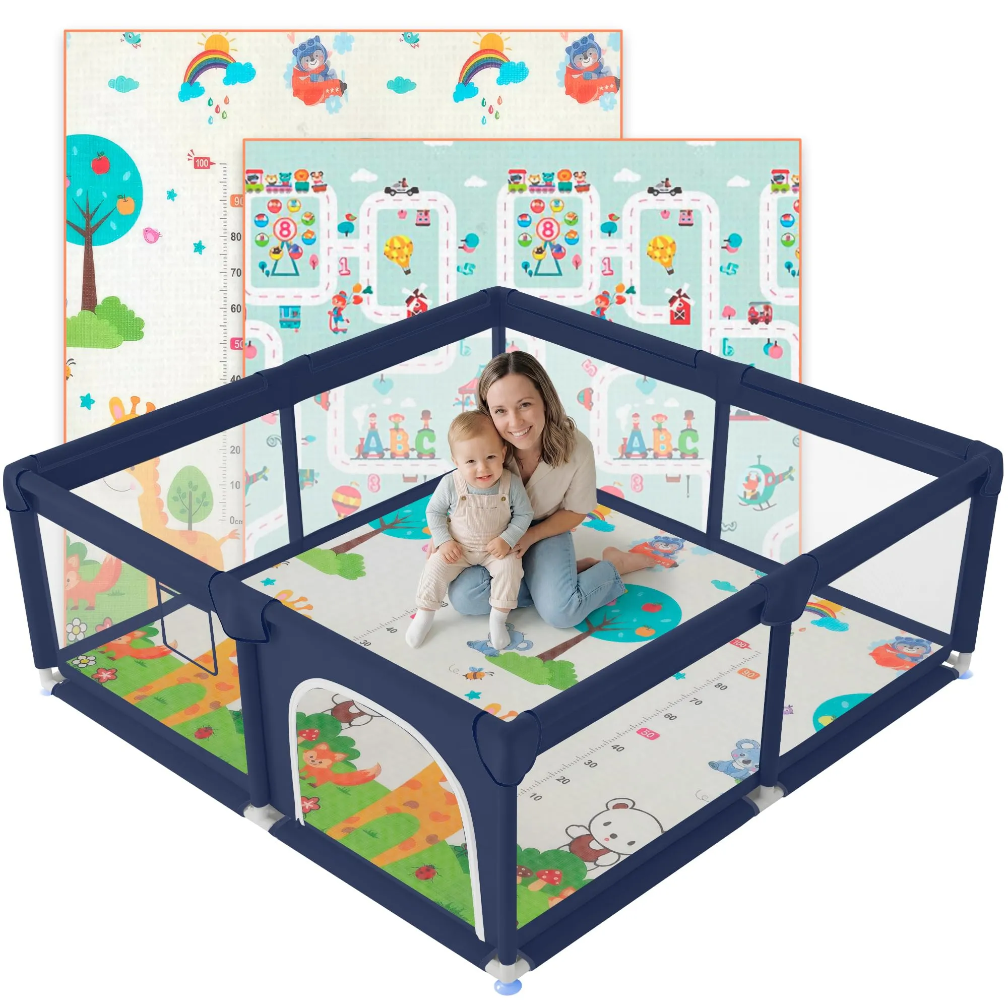 JUPPLIES Box Bambini 120×120 cm, Recinto Gioco per Neonato 6-24 Mesi, Blu con Manici, Cestino e Tappeto - immagine 1
