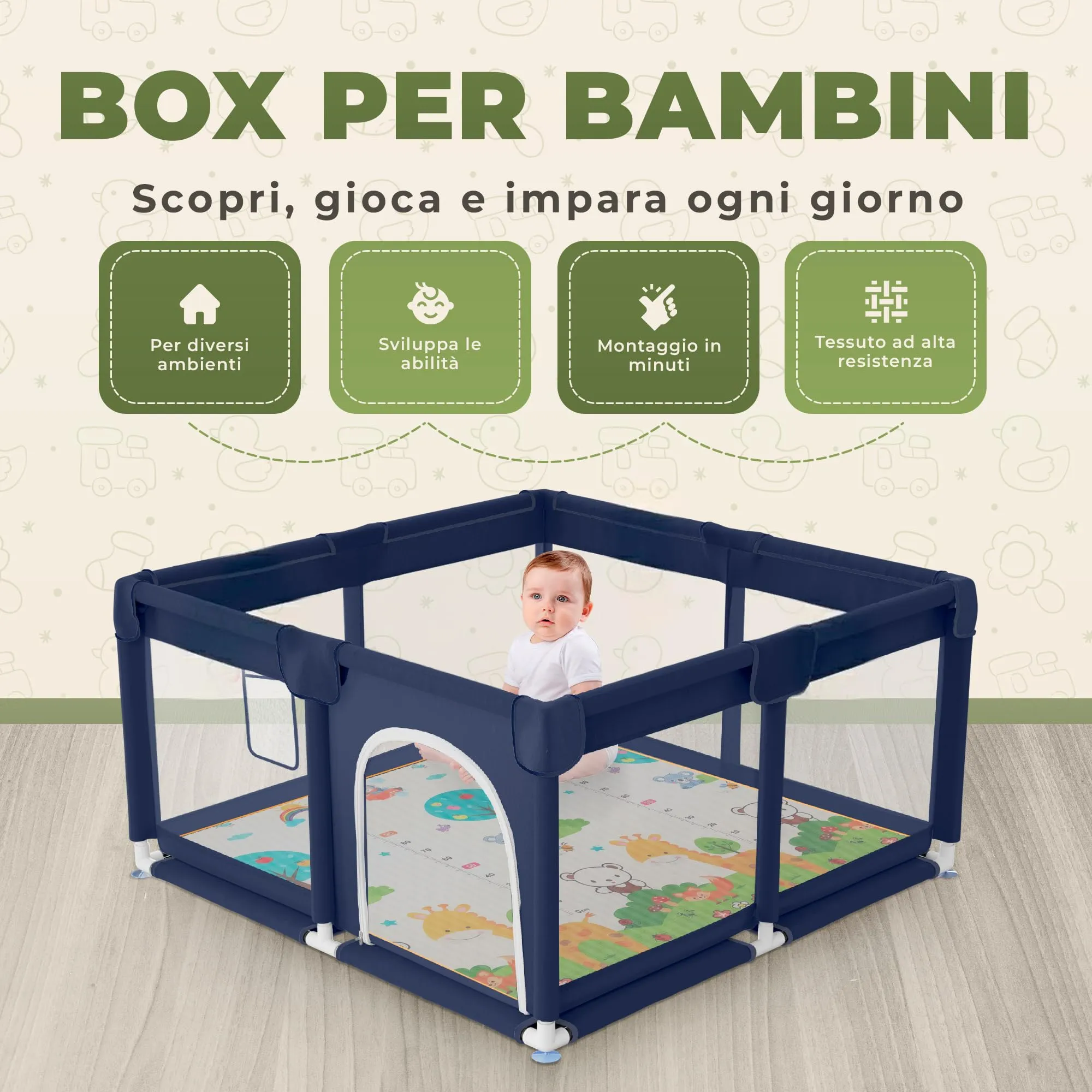 JUPPLIES Box Bambini 120×120 cm, Recinto Gioco per Neonato 6-24 Mesi, Blu con Manici, Cestino e Tappeto - immagine 2