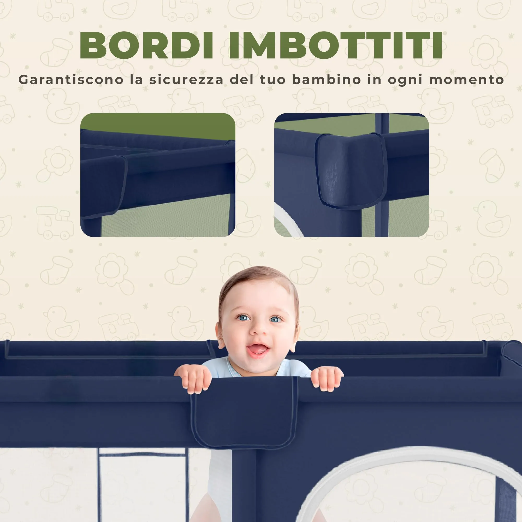 JUPPLIES Box Bambini 120×120 cm, Recinto Gioco per Neonato 6-24 Mesi, Blu con Manici, Cestino e Tappeto - immagine 3