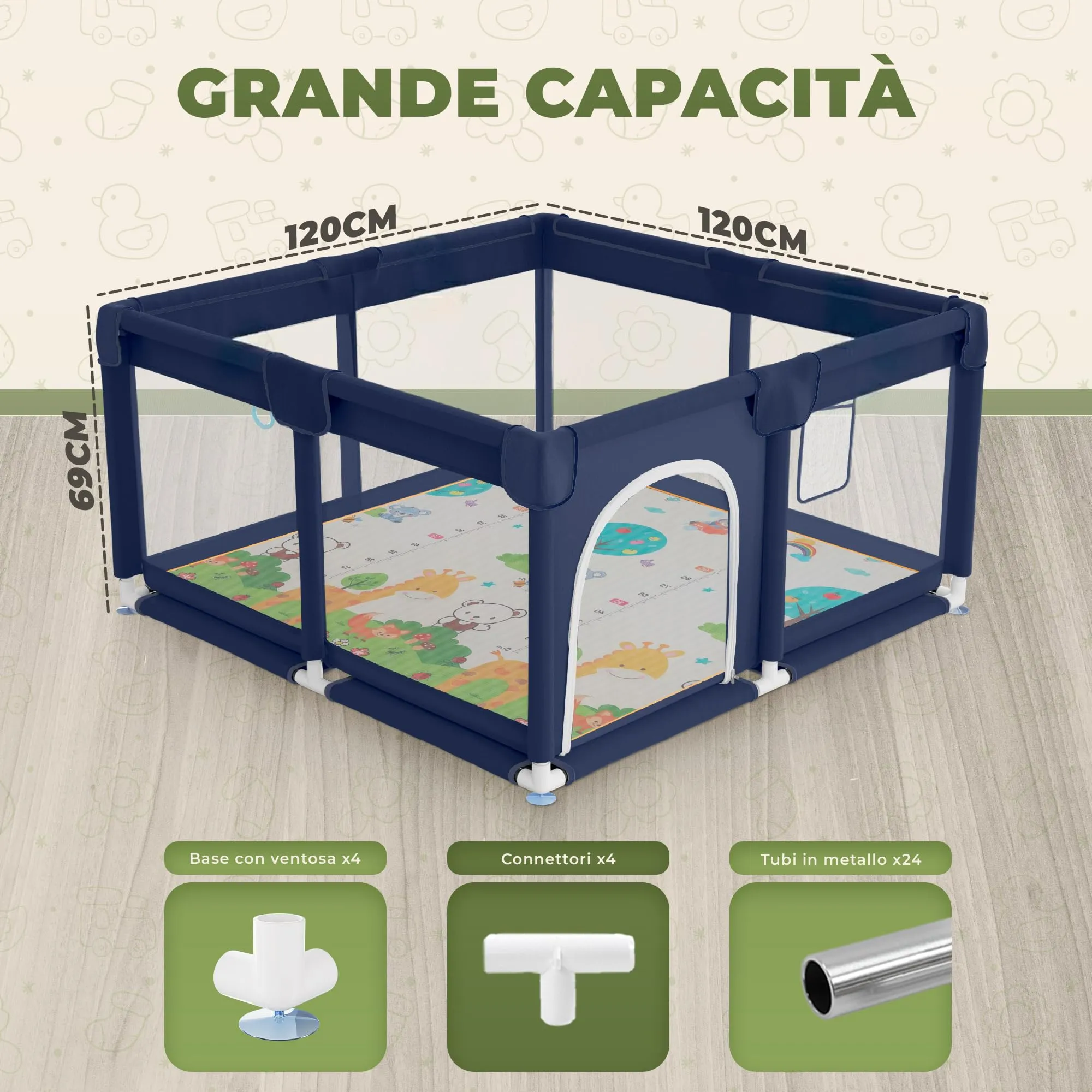 JUPPLIES Box Bambini 120×120 cm, Recinto Gioco per Neonato 6-24 Mesi, Blu con Manici, Cestino e Tappeto - immagine 5