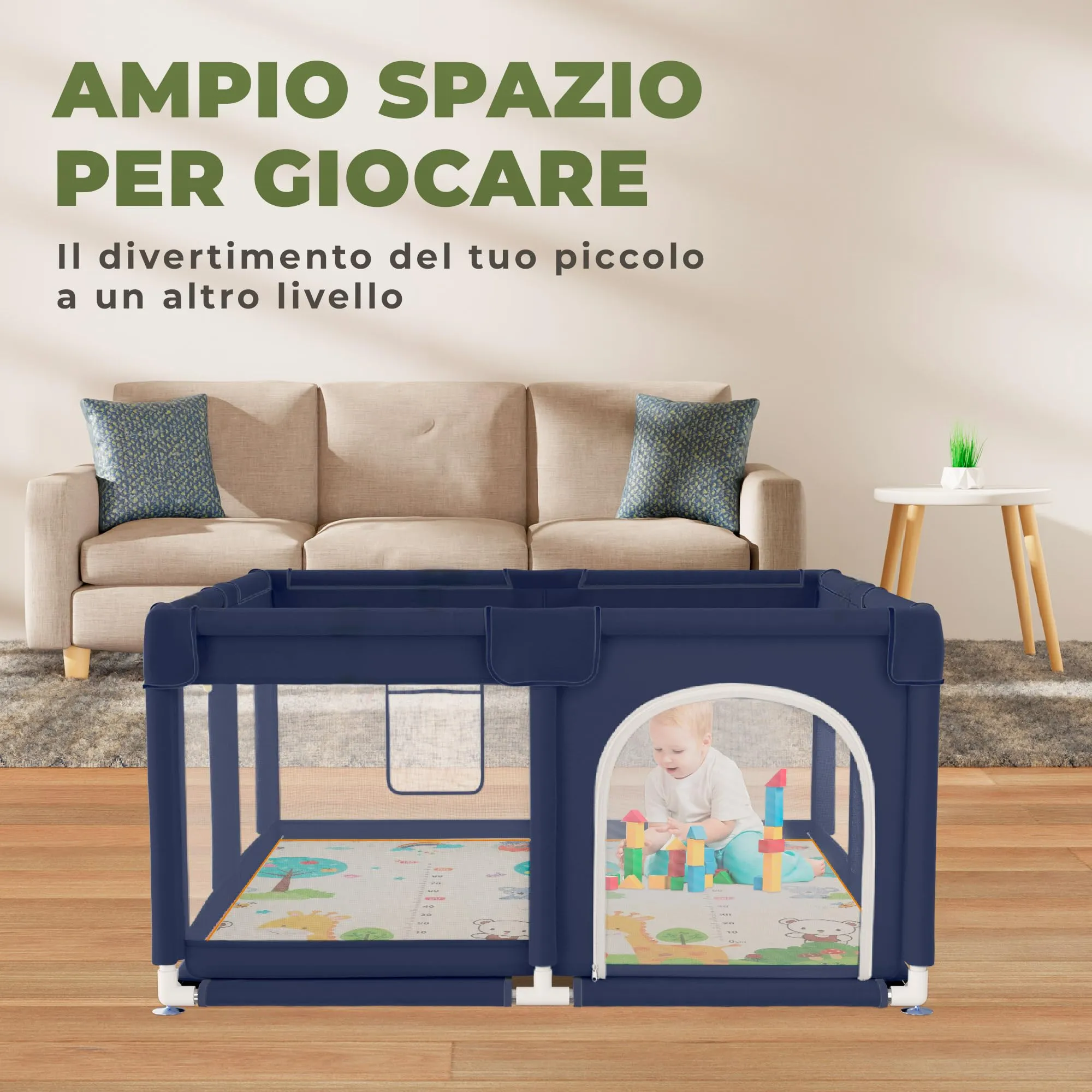 JUPPLIES Box Bambini 120×120 cm, Recinto Gioco per Neonato 6-24 Mesi, Blu con Manici, Cestino e Tappeto - immagine 7