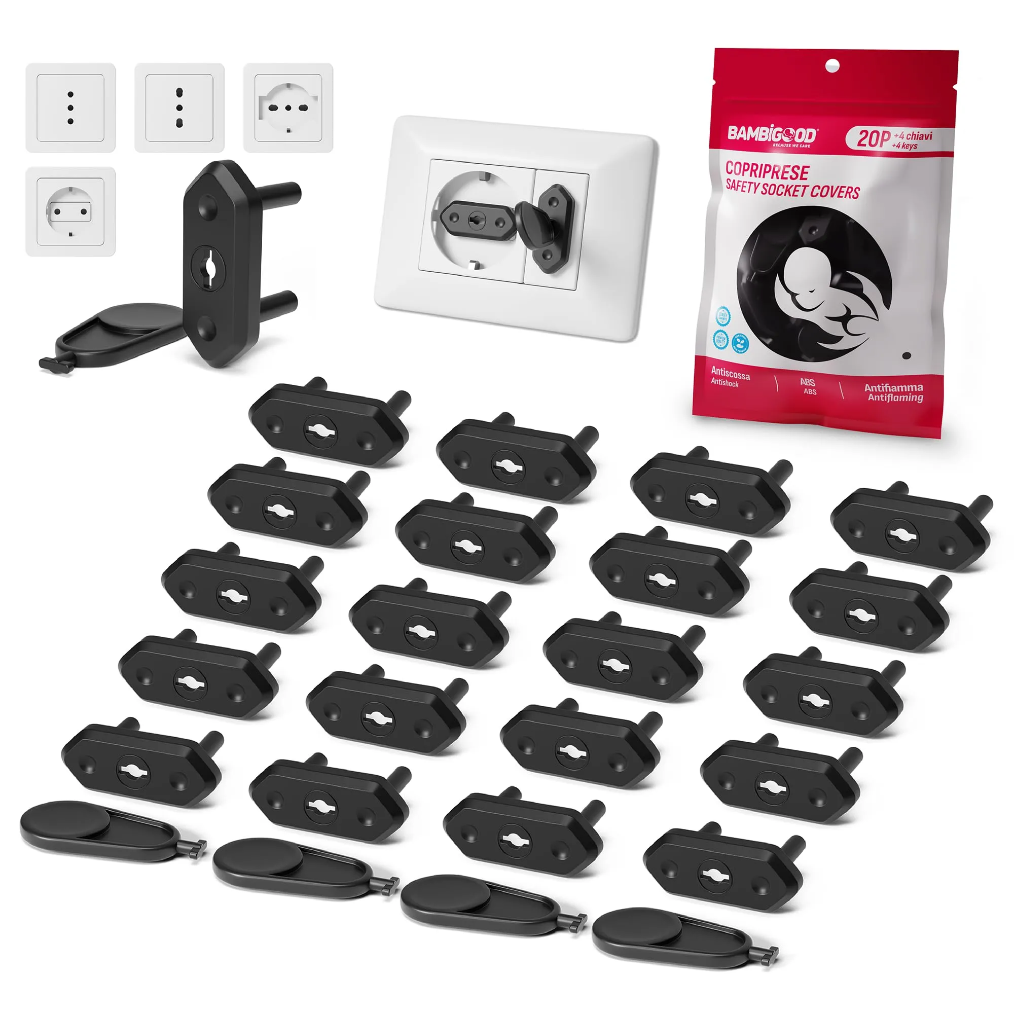 BAMBIGOOD Set 20+4 Copriprese per Bambini Nere, Protezione Prese 10A, 16A e Schuko - immagine 1